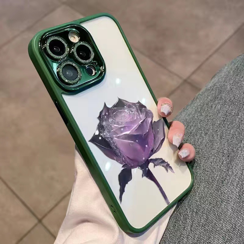 

Für Iphone 14 Pro Max TPU Fantasy Crystal Rose Muster Hülle Glitzerkamera Ring Telefon Cover Mit Linsenfilm - Grün / Lila Rose, iPhone 14 Pro Max