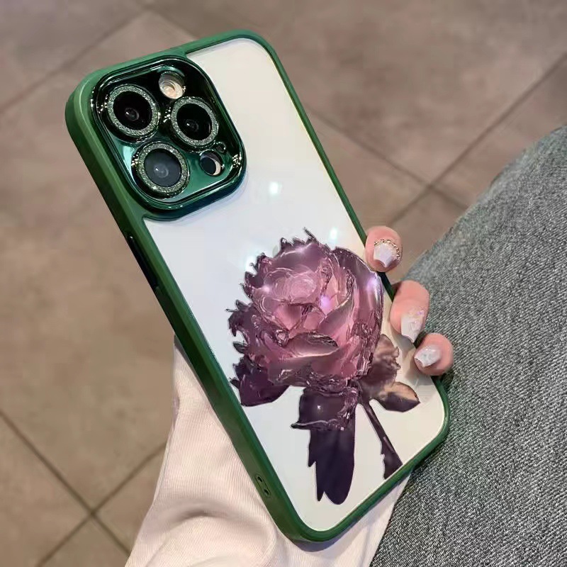 

Für Das Iphone 12 Pro Glitter Kamering -telefon Hülle Fantasy Crystal Rose TPU Cover Mit Linsenfilm - Grün / Pinke Rose, iPhone 12 Pro