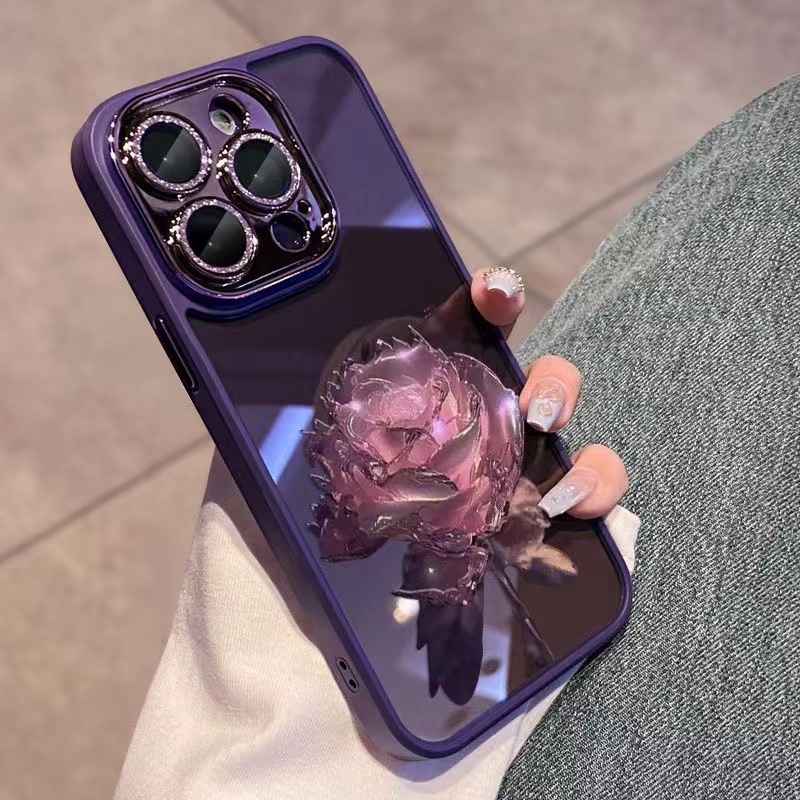 

Für Iphone 12 Pro Max TPU Phone Hülle Fantasy Crystal Rose Glitter Kamera Ring Zurück -cover Mit Linsenfilm - Dunkelviolett / Pinke Rose, iPhone 12 Pro Max