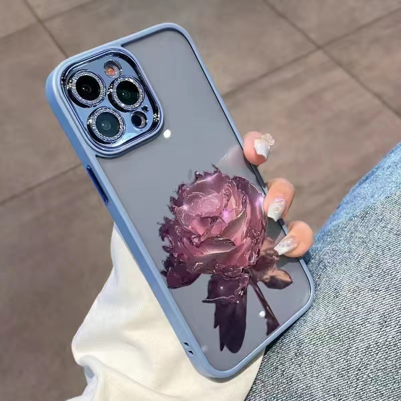 

Für Iphone 12 Pro Max TPU Phone Hülle Fantasy Crystal Rose Glitter Kamera Ring Zurück -cover Mit Linsenfilm - Blau / Pinke Rose, iPhone 12 Pro Max