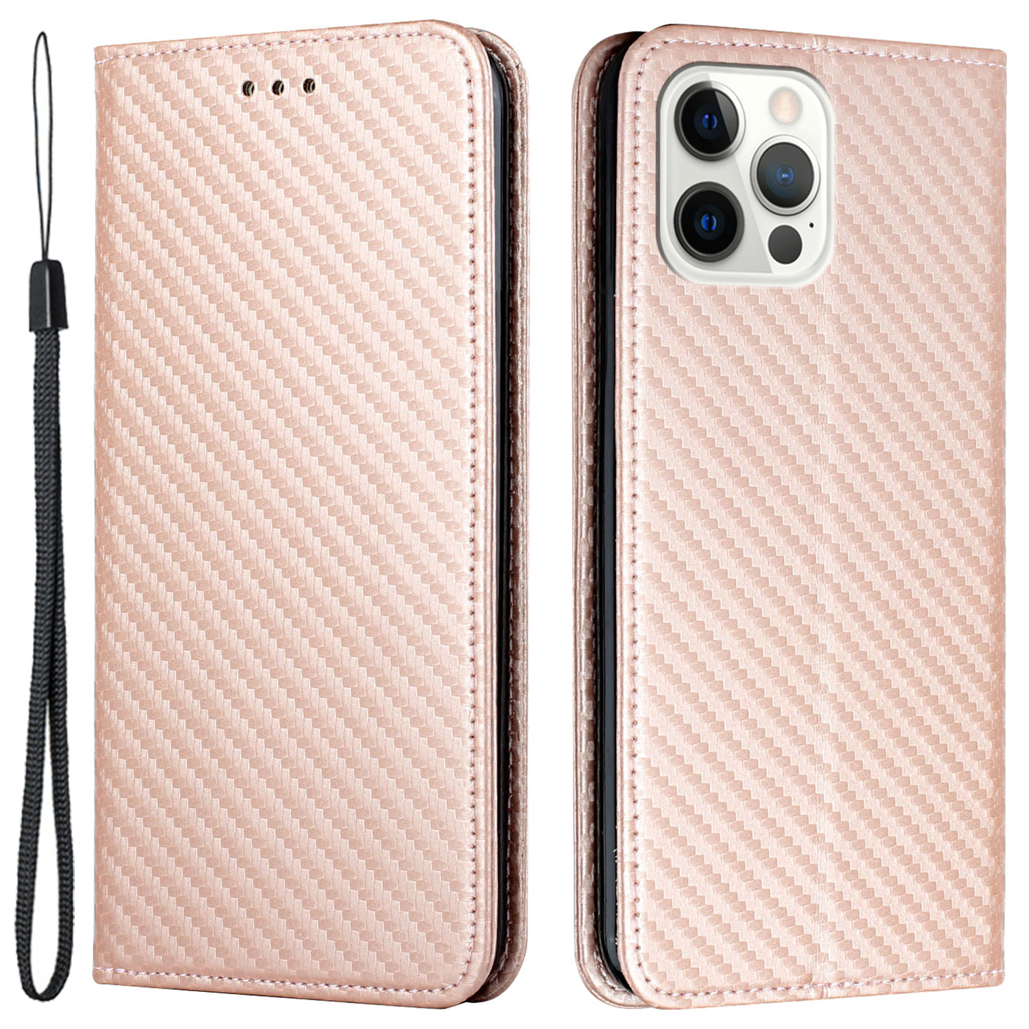 

Für Iphone 15 Pro Carbonfaser Textur PU Leder+tpu Brieftaschen -hülle Telefon Telefore - Roségold, iPhone 15 Pro
