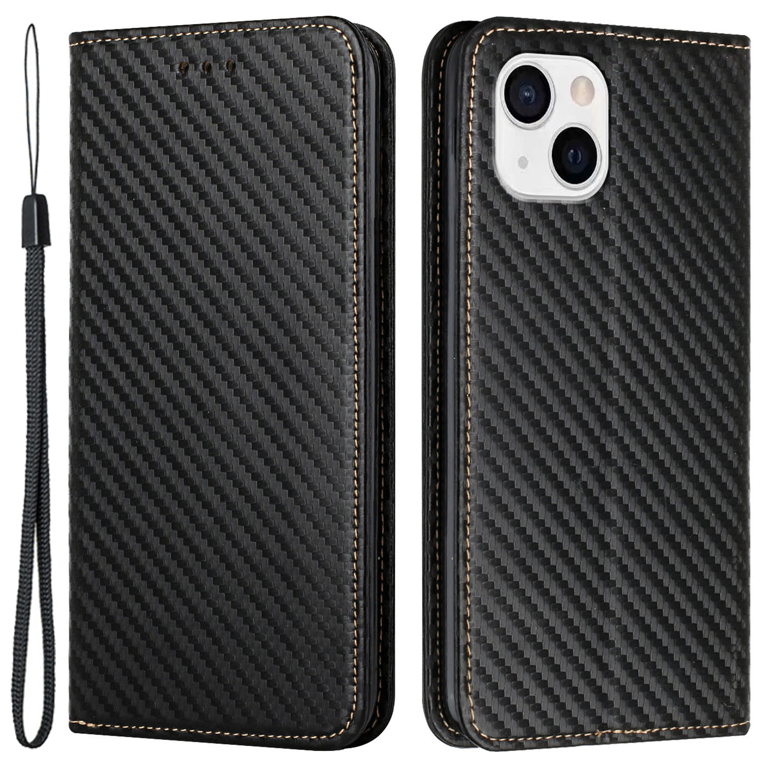 

Für Iphone 15 Kohlefasertextur PU Leder+tpu Brieftasche Hülle Telege Fortelung - Schwarz, iPhone 15