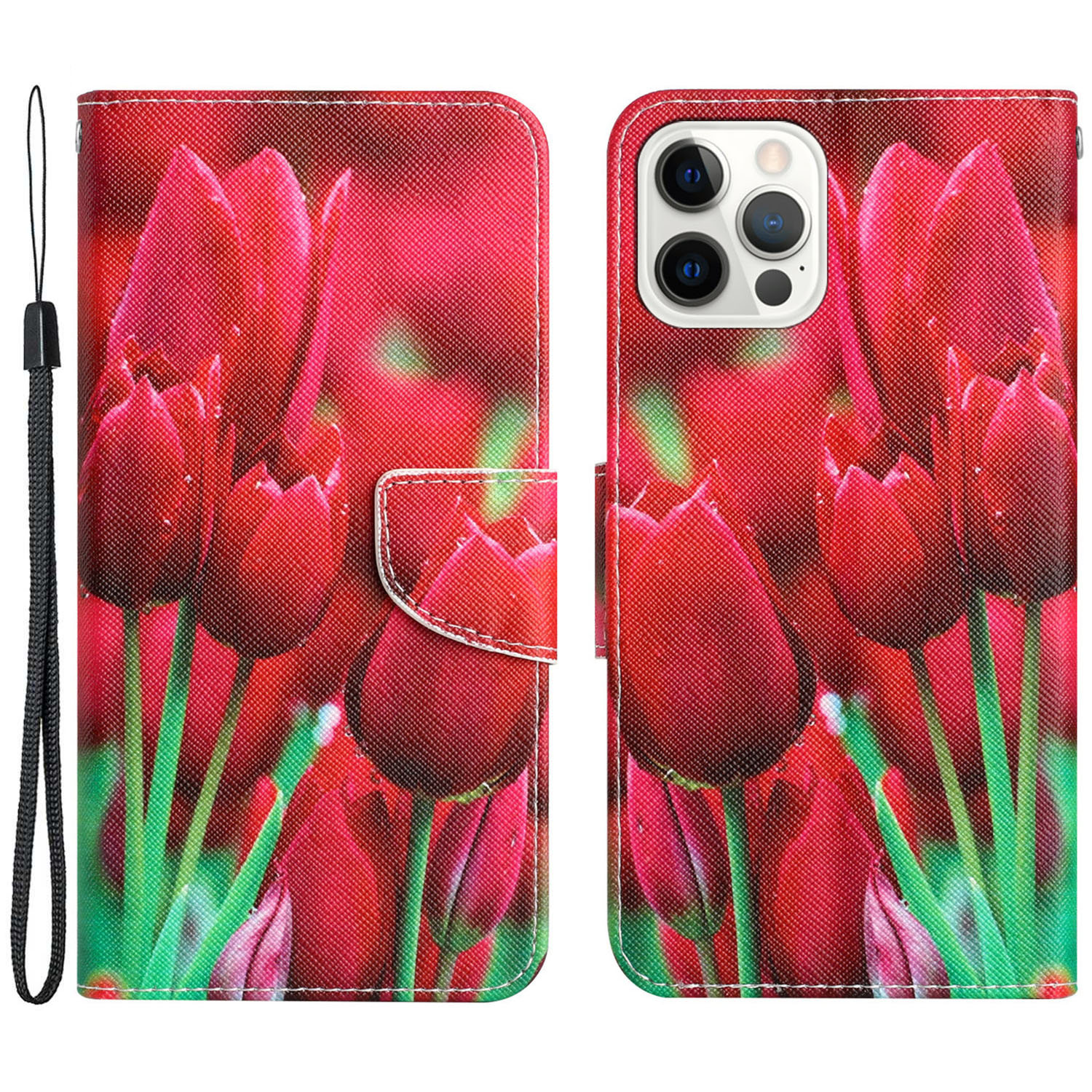 

Für Das Iphone 15 Pro PU Leder -ständer Cover Muster Druck Flip Wallet Telefonhülle Mit Riemen - Tulpe, iPhone 15 Pro