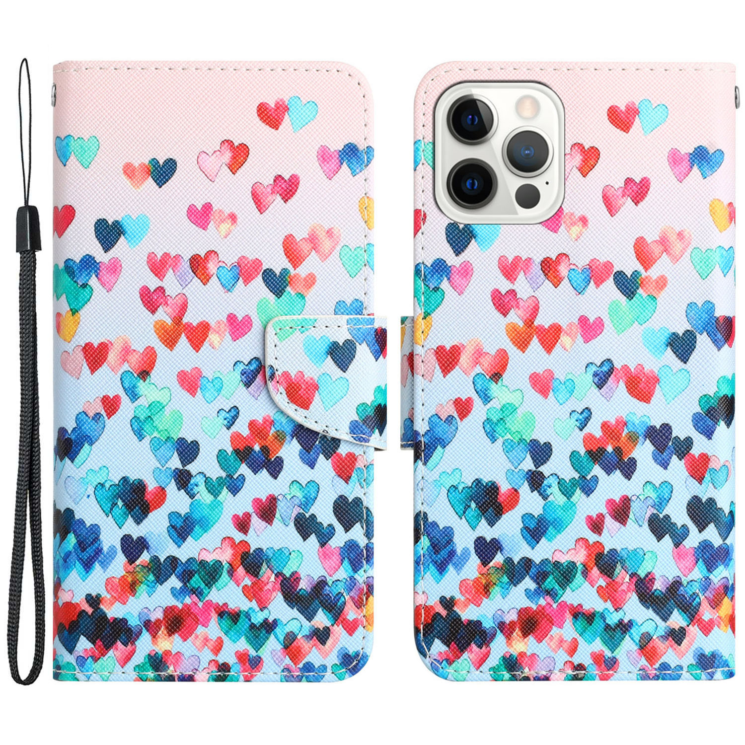 

Für Iphone 15 Pro Max Flip PU Leder -handy -hülle Stillmuster Druckbrieftaschenabdeckung Mit Riemen - Liebesherz, iPhone 15 Pro Max