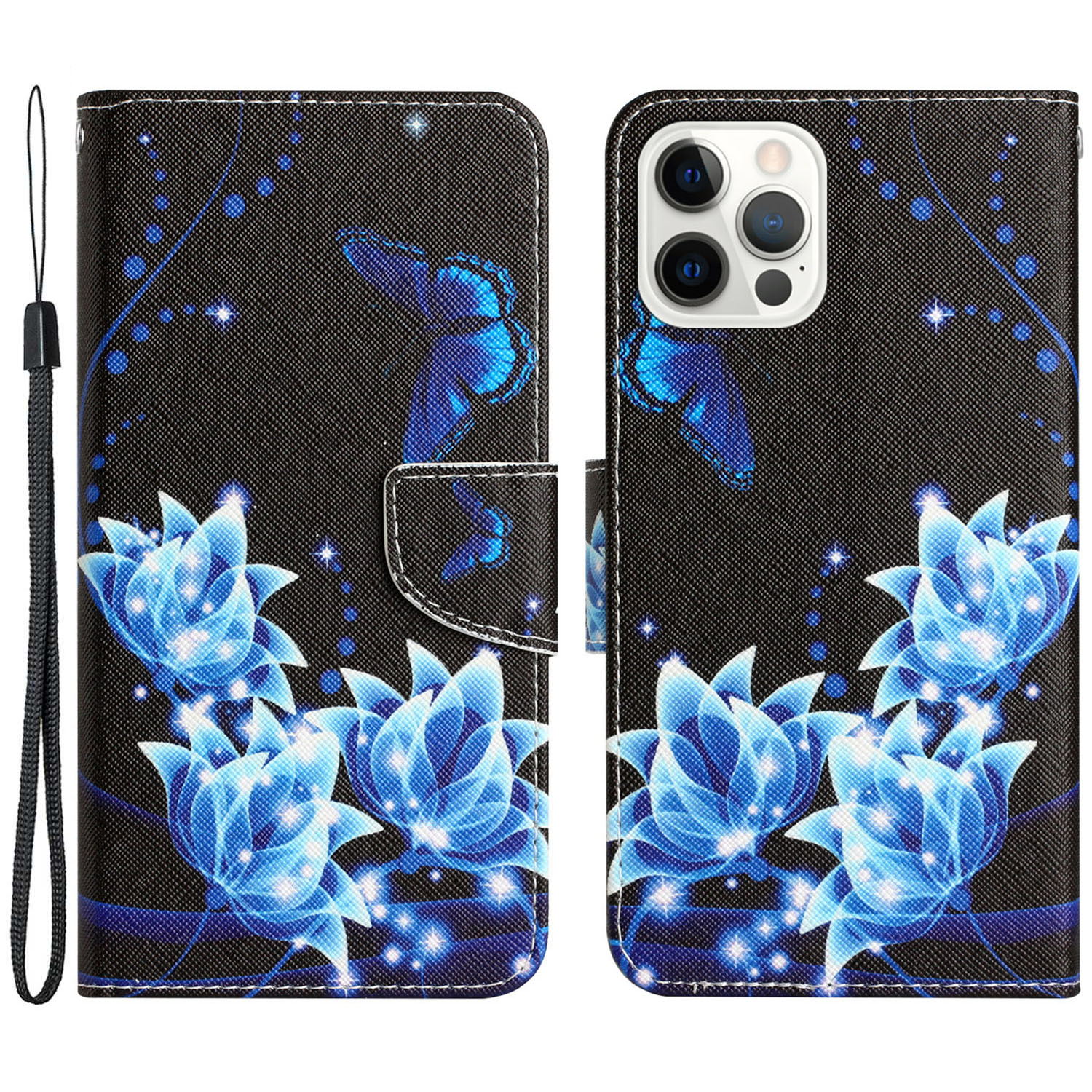 

Für Iphone 15 Pro Max Flip PU Leder -handy -hülle Stillmuster Druckbrieftaschenabdeckung Mit Riemen - Blauer Schmetterling, iPhone 15 Pro Max