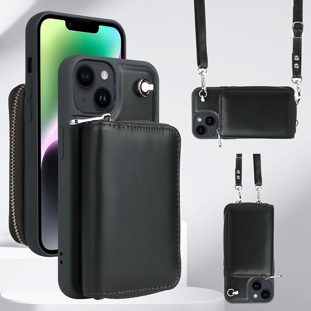 

Für Iphone 14 Plus Abnehmbare Zipper -kartenhalter -telefonhülle Leder+tpu -crossbody -telefontasche - Schwarzgrün, iPhone 14 Plus