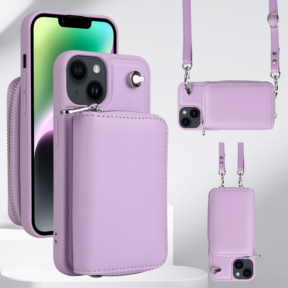 

Abnehmbare Zipper -kartenhalter -hülle Für Iphone 14, PU Lederbeschichtete TPU -crossbody -telefonabdeckung - Helles Lila, iPhone 14