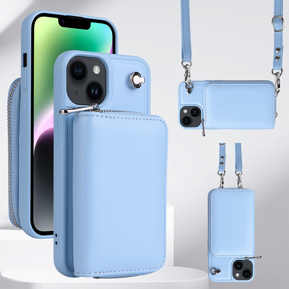 

Abnehmbare Zipper -kartenhalter -hülle Für Iphone 14, PU Lederbeschichtete TPU -crossbody -telefonabdeckung - Baby Blau, iPhone 14