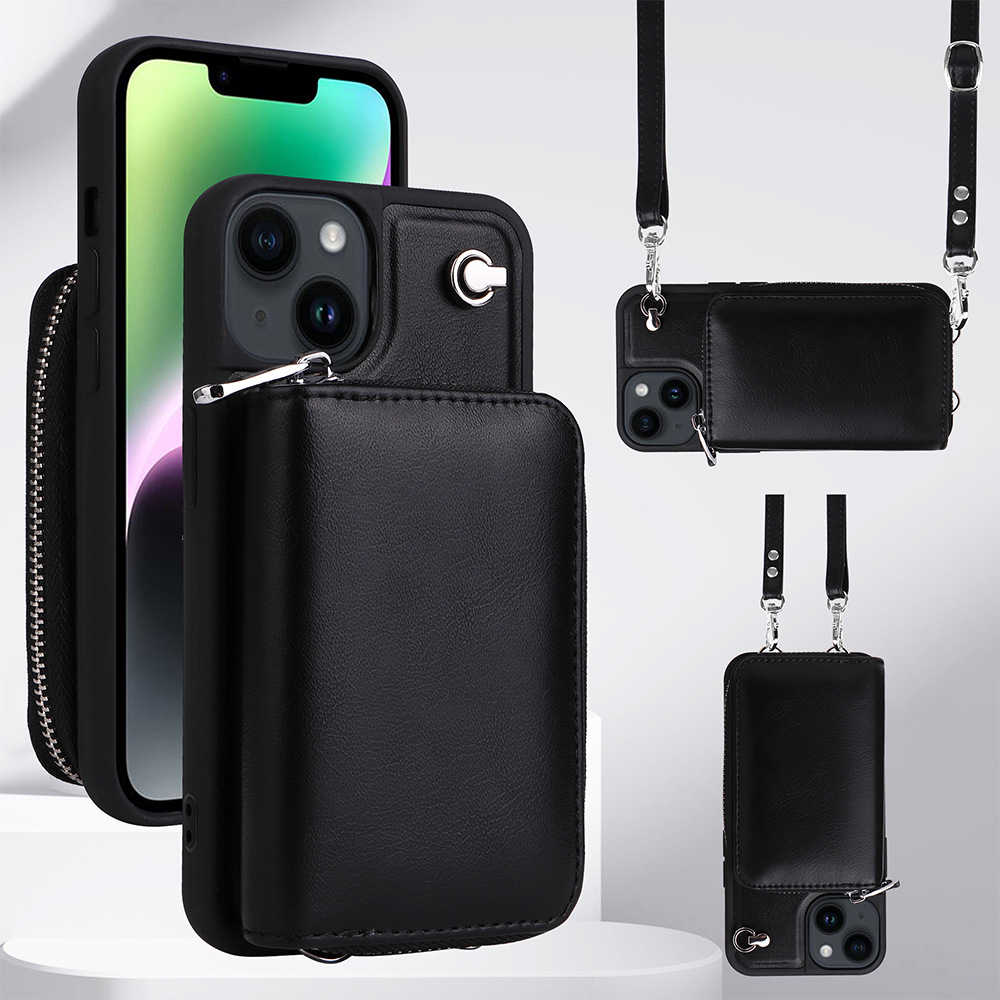 

Abnehmbare Zipper -kartenhalter -hülle Für Iphone 14, PU Lederbeschichtete TPU -crossbody -telefonabdeckung - Schwarz, iPhone 14