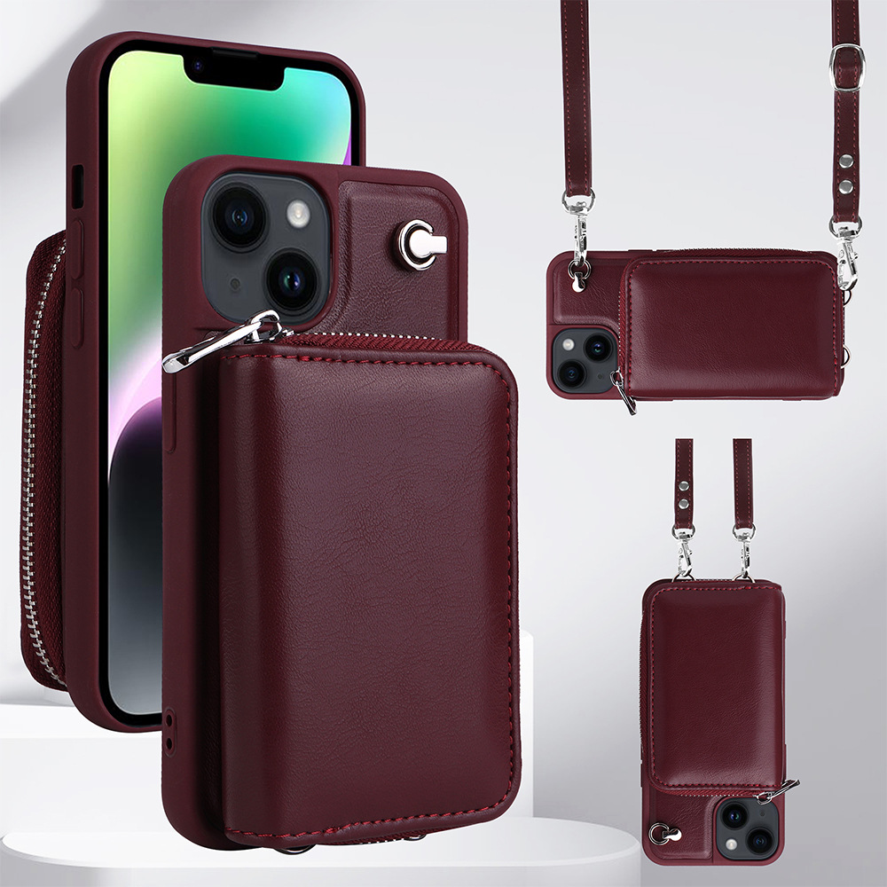 

Abnehmbare Zipper -kartenhalter -hülle Für Iphone 14, PU Lederbeschichtete TPU -crossbody -telefonabdeckung - Weinrot, iPhone 14