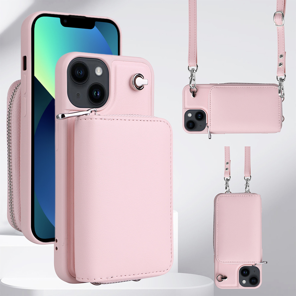 

Crossbody -telefonhülle Für Iphone 13, Abnehmbare Reißverschlusskartenhalter -leder+tpu -telefonabdeckung - Rosa, iPhone 13