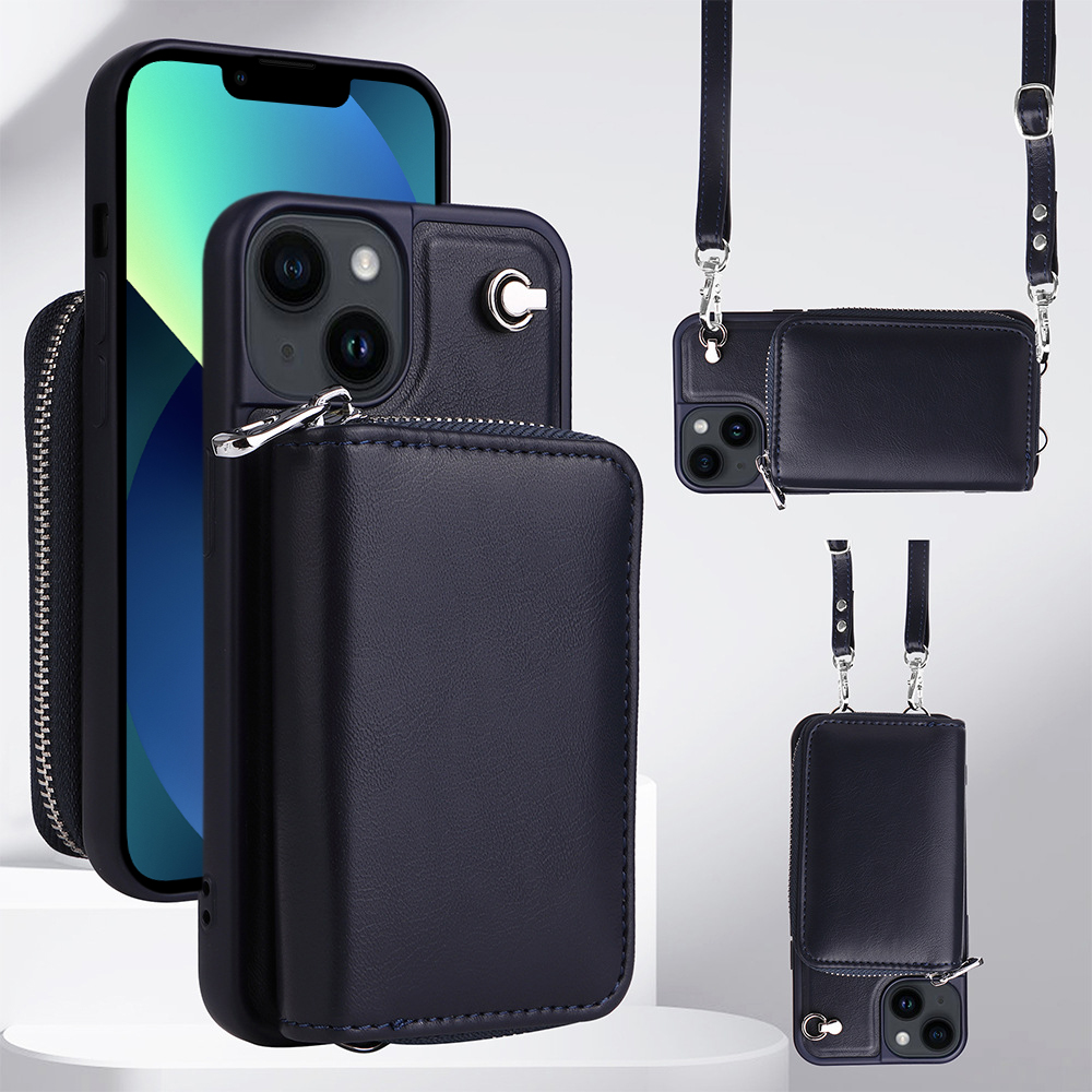 

Crossbody -telefonhülle Für Iphone 13, Abnehmbare Reißverschlusskartenhalter -leder+tpu -telefonabdeckung - Dunkelblau, iPhone 13