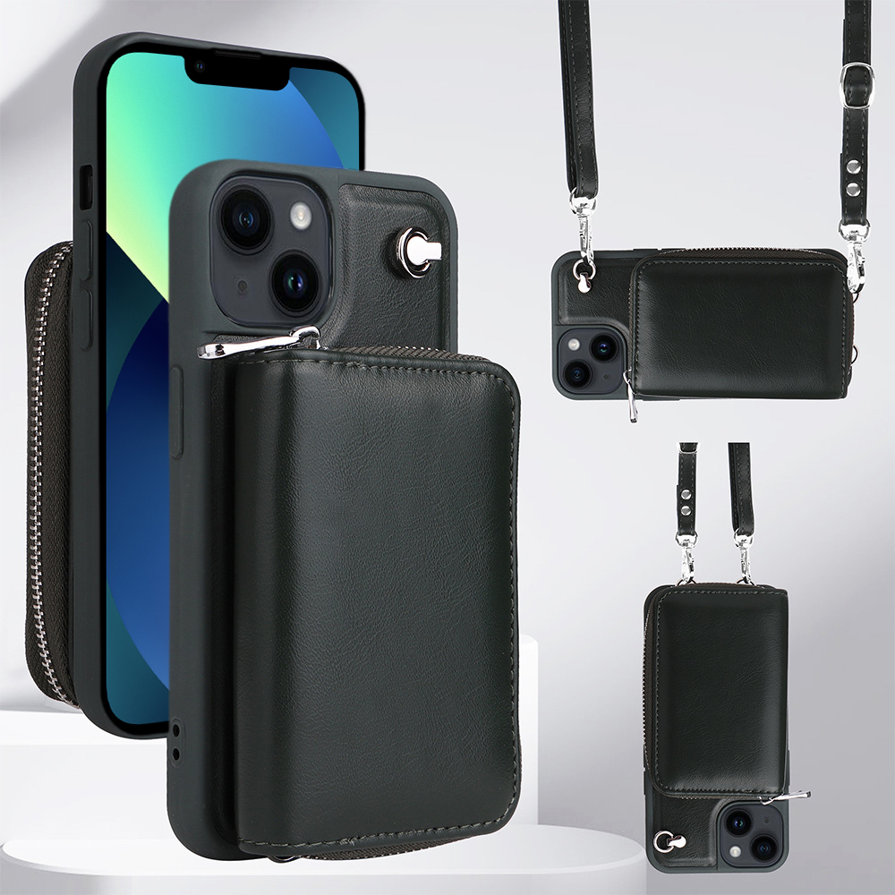 

Crossbody -telefonhülle Für Iphone 13, Abnehmbare Reißverschlusskartenhalter -leder+tpu -telefonabdeckung - Schwarzgrün, iPhone 13