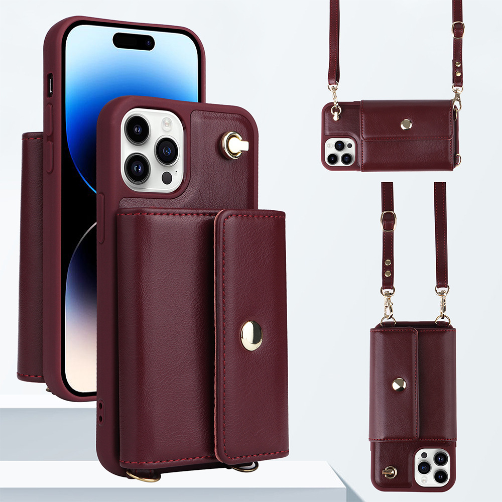 

Für Iphone 14 Pro Max Anti-drop-hülle Magnetknopfkartenbeutel PU Leder+tpu-telefonabdeckung Mit Schultergurt - Weinrot, iPhone 14 Pro Max