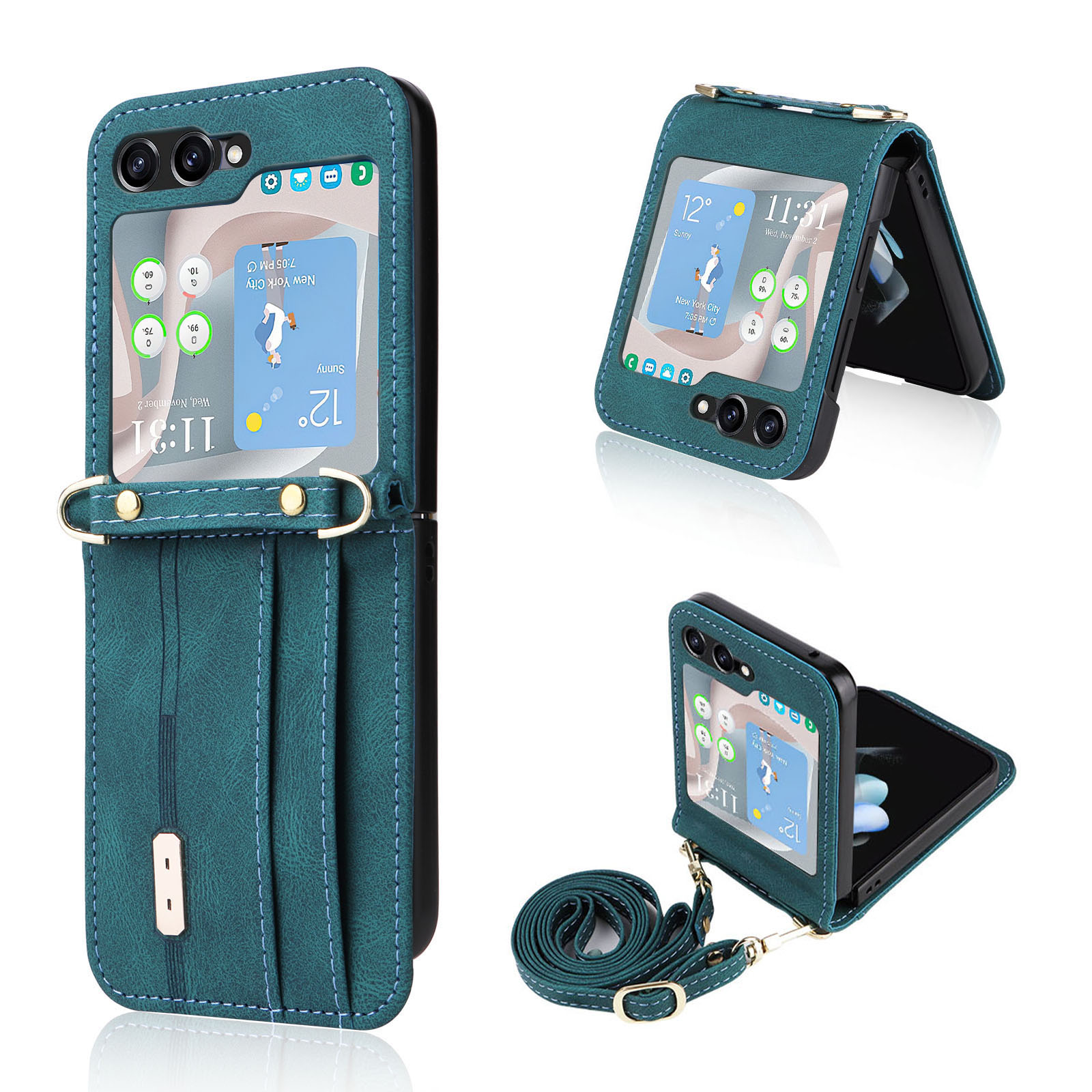 

Für Samsung Galaxy Z Flip5 5G PU Lederbeschichtete PC -abdeckungskartenhalter Faltet Telefonhülle Mit Langem Lanyard - Grün, Galaxy Z Flip5 5G