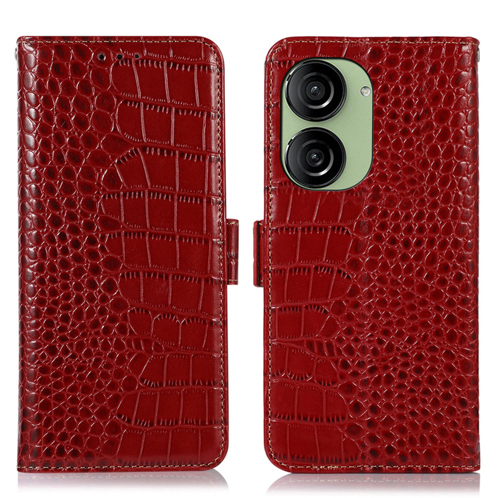 

Für Asus Zenfone 10 5g / Zenfone 9 5G Krokodil Textur Telefonhülle Echtes Kuhleder RFID Blockierblock - Rot, Asus Zenfone 10 5G