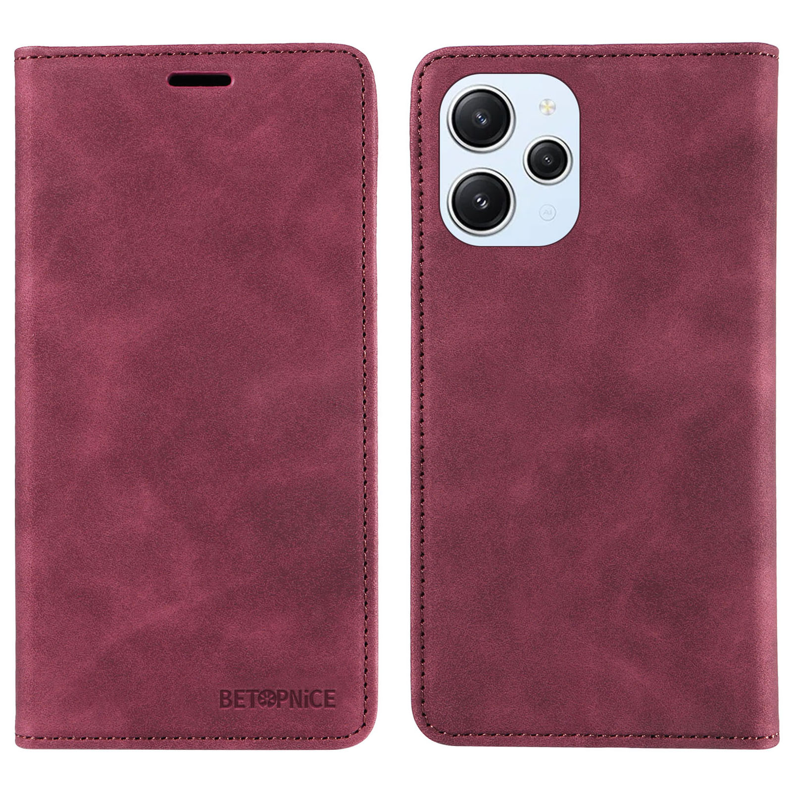 

Betopnice 003 Für Xiaomi Redmi 12 4G RFID Blockierende Telefonhülle Wallet Stand PU Leder Flip Cover - Rot, Xiaomi Redmi 12 4G