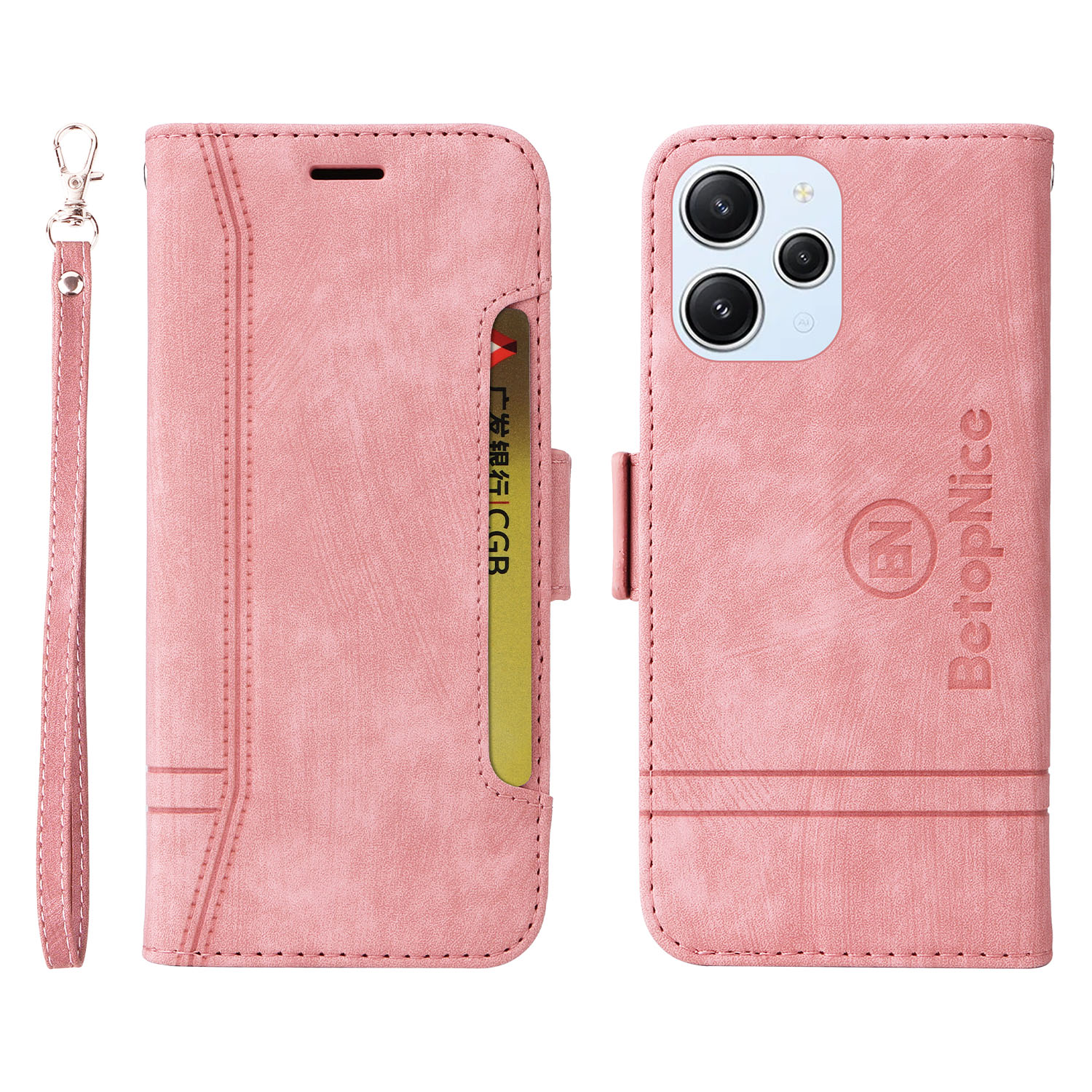 

Betopnice 001 Für Xiaomi Redmi 12 4G Schockfeste Smartphone -abdeckung PU -leder -brieftaschenhülle - Rosa, Xiaomi Redmi 12 4G