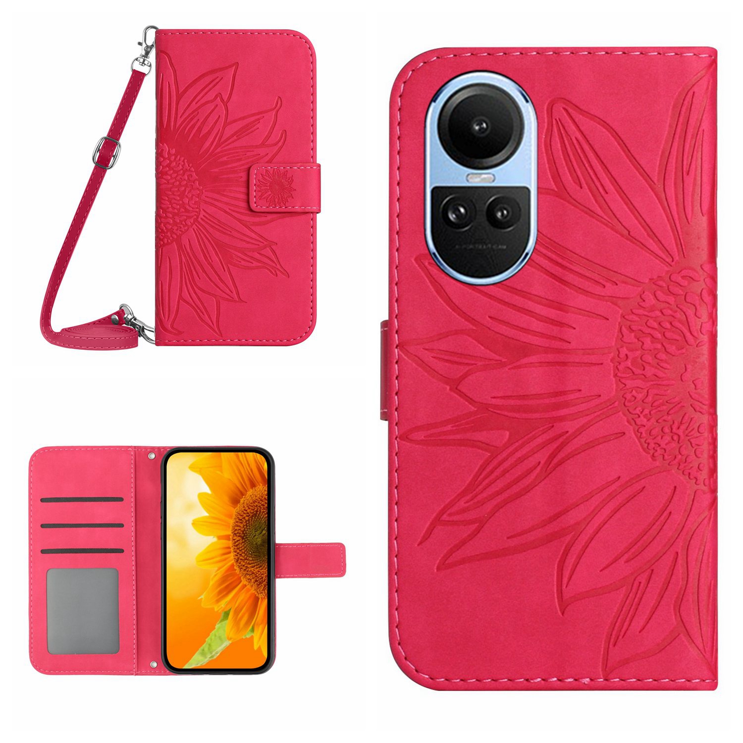 HT04 For Oppo Reno10 Pro (Global) Reno10 (Global) Wallet Stand Leather Phone Case Sunflower Imprint Cover with Shoulder Strap - Rose