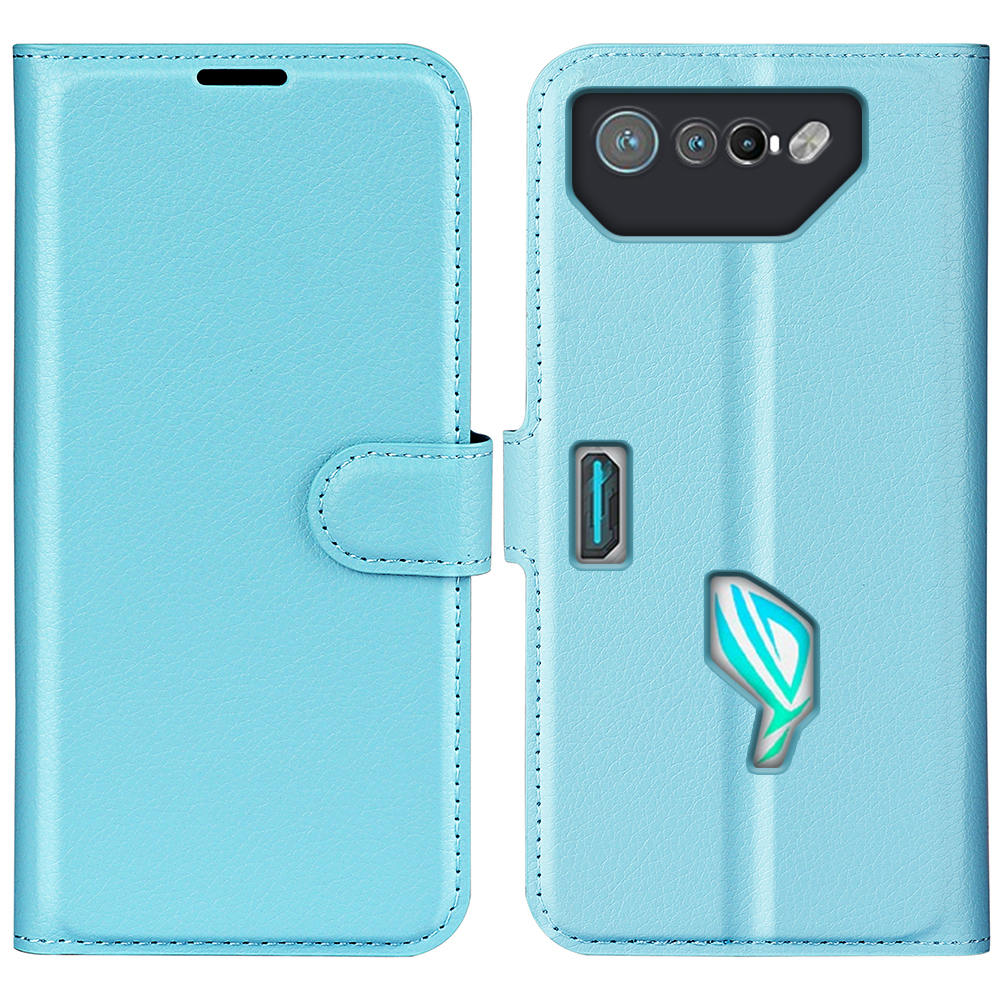 Litchi Texture Phone Case for Asus ROG Phone 7 Wallet Phone Cover Stand PU Leather Shell - Blue