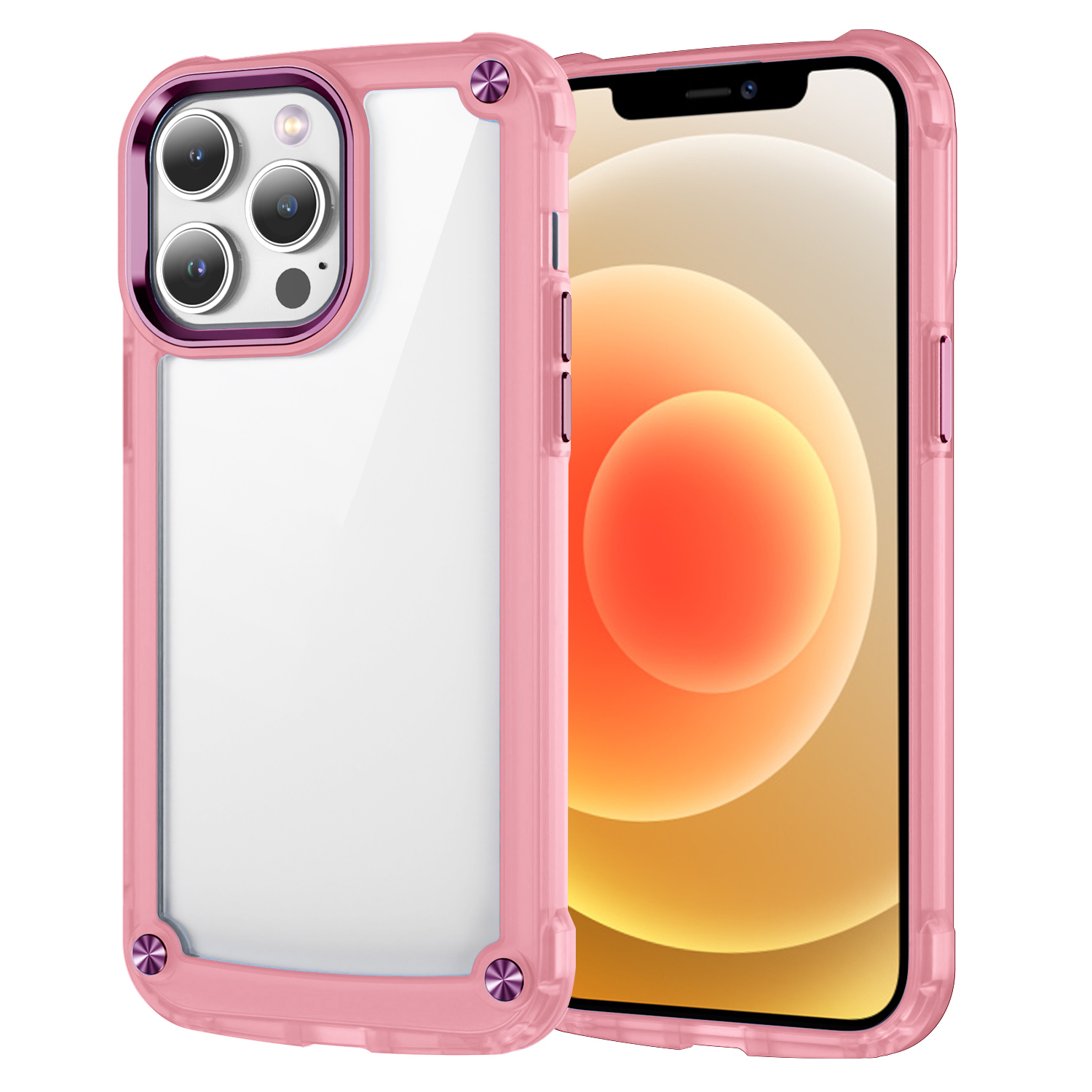 

Für Iphone 12 Pro Max. 6,7 -zoll -legierung Lens Frame Clear Case Hartpc + Soft TPU -telefonabdeckung - Transparent+rosa, iPhone 12 Pro Max