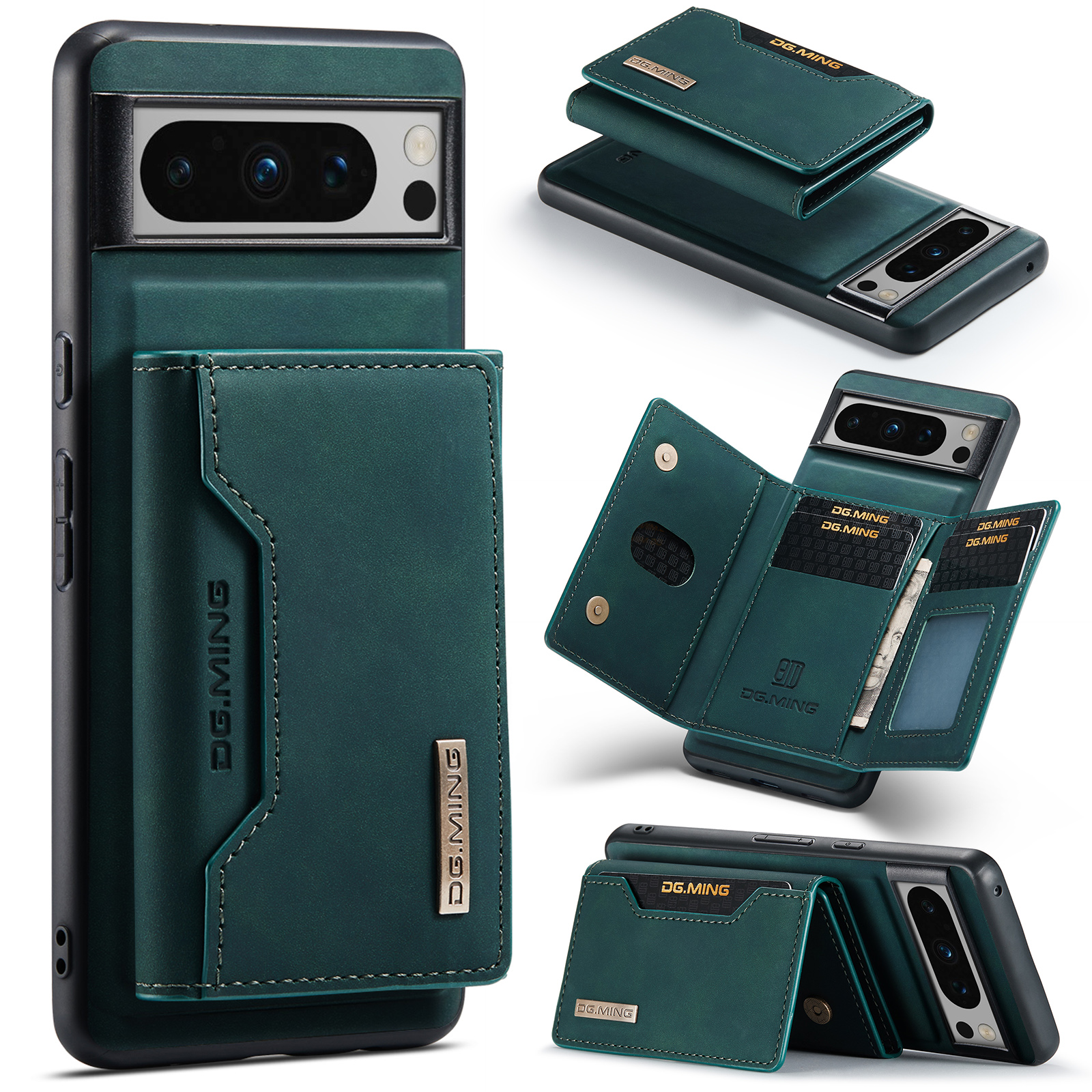 

Dg. Ming M2 -serie Für Google Pixel 8 Pro Lederbeschichtete PC+TPU Magnetabendbarer Rückzugsabdeckung Kickstand Wallet Telefonhülle - Grün, Google Pixel 8 Pro