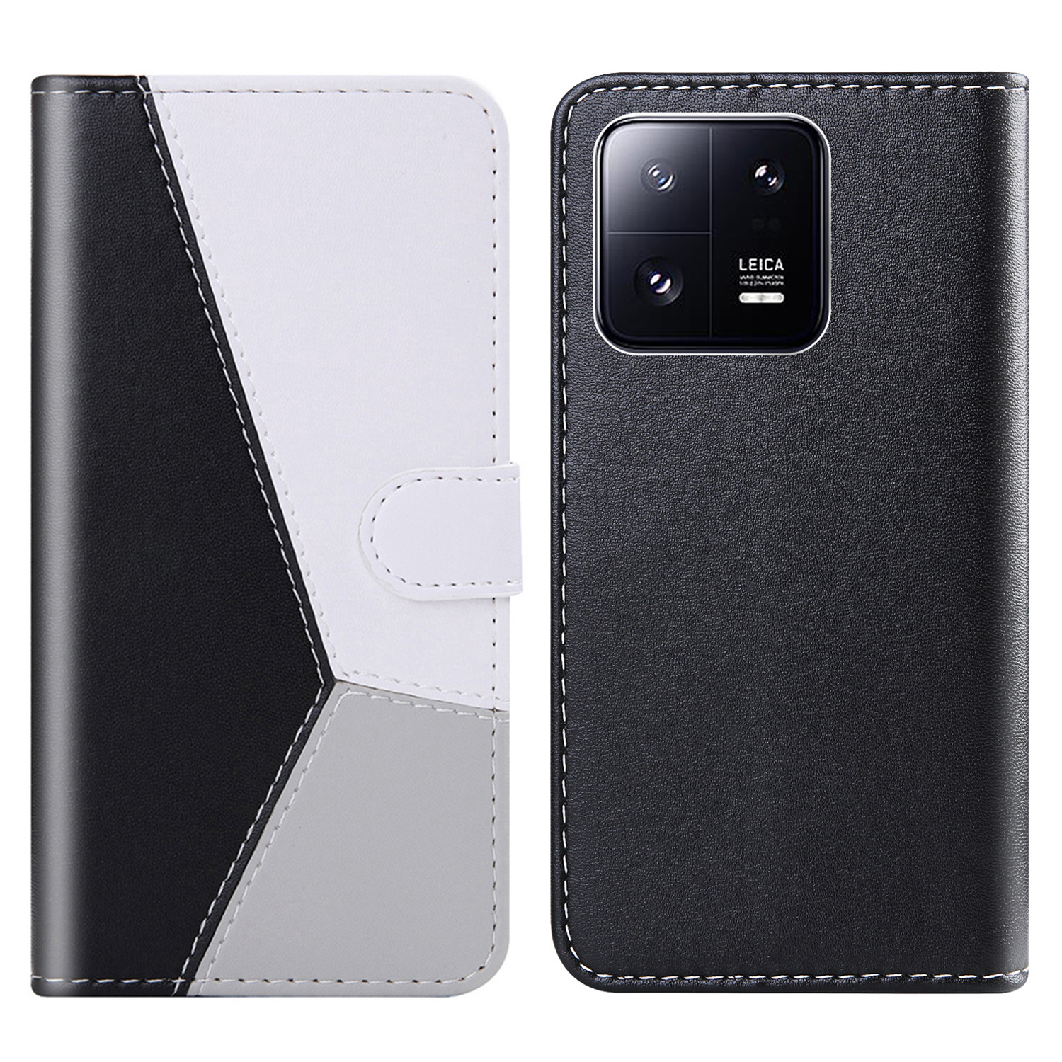 

PU Leder-telefonhülle Für Xiaomi 13 Pro 5G Drei-farben-spleißständer Brieftaschenabdeckung - Schwarz / Weiss / Grau, Xiaomi 13 Pro 5G