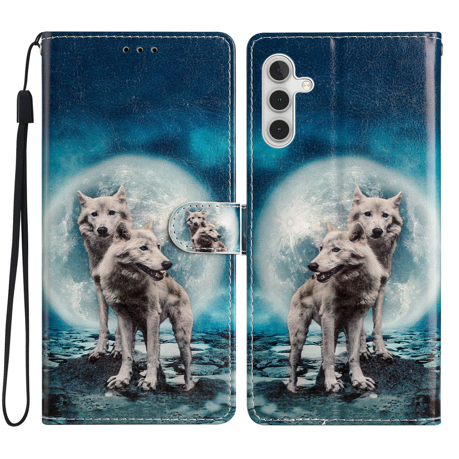 

Für Samsung Galaxy S23 fe PU Leder -telefonhülle Wallet -ständer Musterdruckabdeckung Mit Riemen - Zwei Wölfe, Galaxy S23 FE