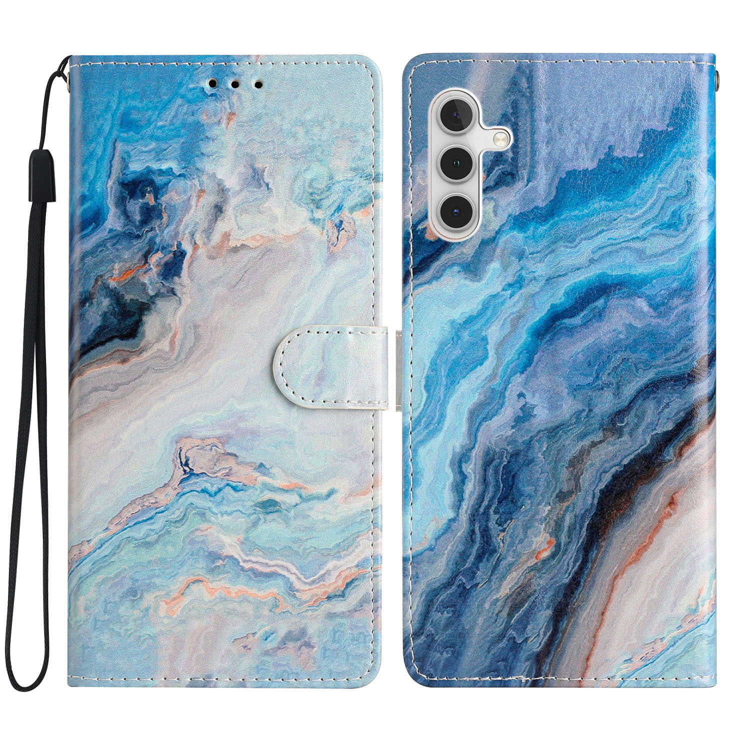 

Für Samsung Galaxy S23 fe PU Leder -telefonhülle Wallet -ständer Musterdruckabdeckung Mit Riemen - Blauer Marmor, Galaxy S23 FE