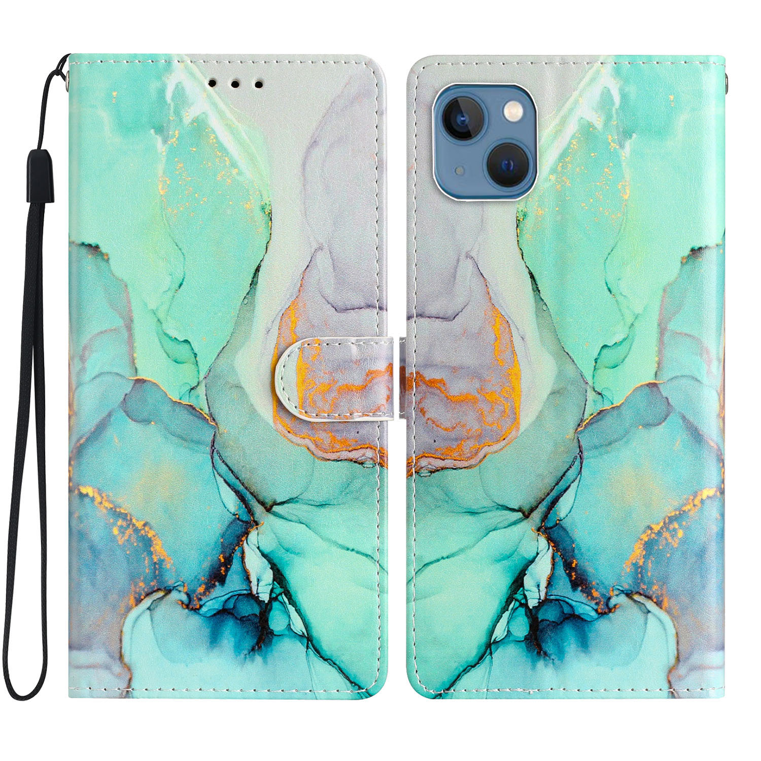 

Für Iphone 15 PU Leder Flip Cover Wallet Ständer Muster Druckphase Mit Riemen - Grüner Marmor, iPhone 15