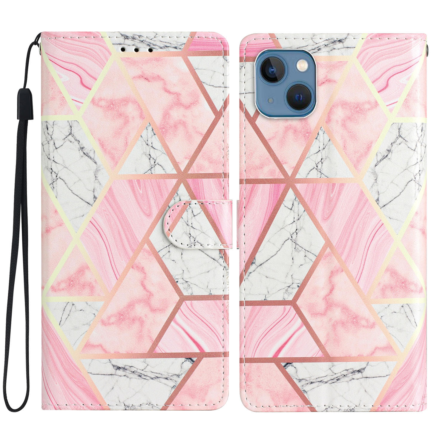 

Für Iphone 15 PU Leder Flip Cover Wallet Ständer Muster Druckphase Mit Riemen - Rosa Marmor, iPhone 15