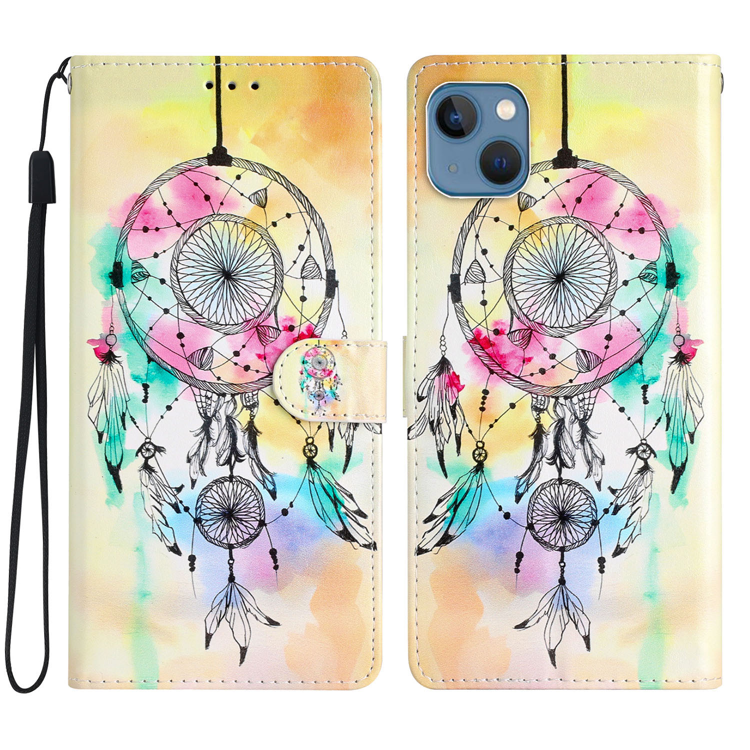 

Für Iphone 15 PU Leder Flip Cover Wallet Ständer Muster Druckphase Mit Riemen - Windspiel, iPhone 15