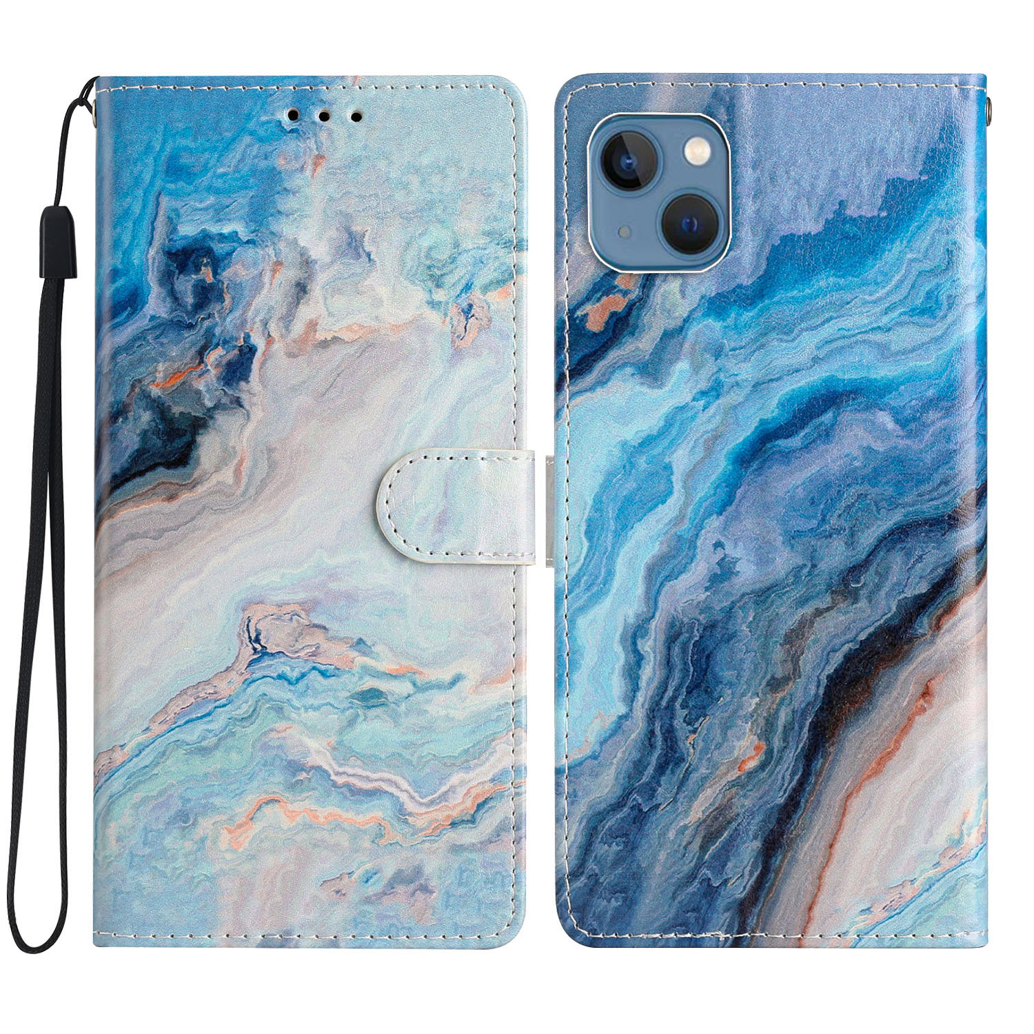 

Für Iphone 15 PU Leder Flip Cover Wallet Ständer Muster Druckphase Mit Riemen - Blauer Marmor, iPhone 15