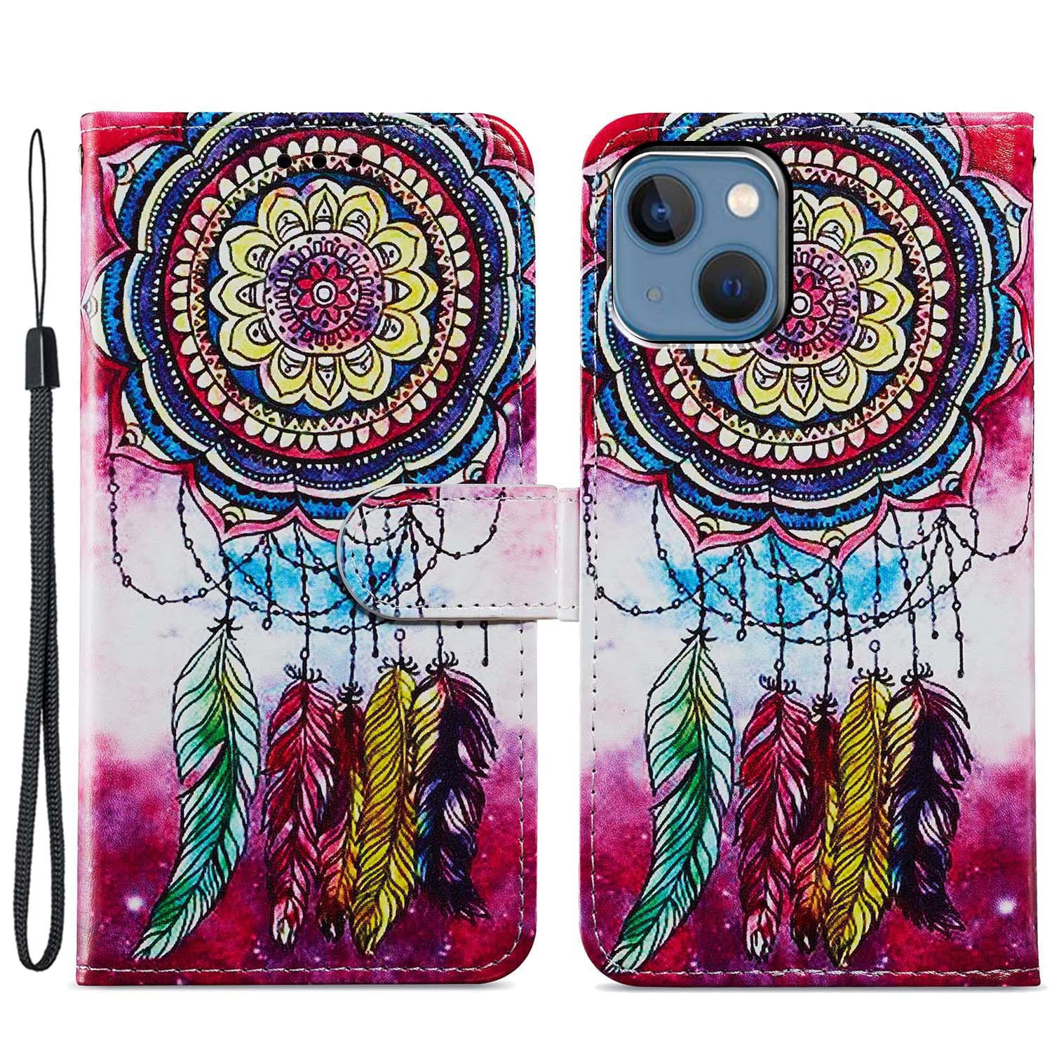 

Für Iphone 15 PU Leder Flip Cover Wallet Ständer Muster Druckphase Mit Riemen - Traumfänger, iPhone 15