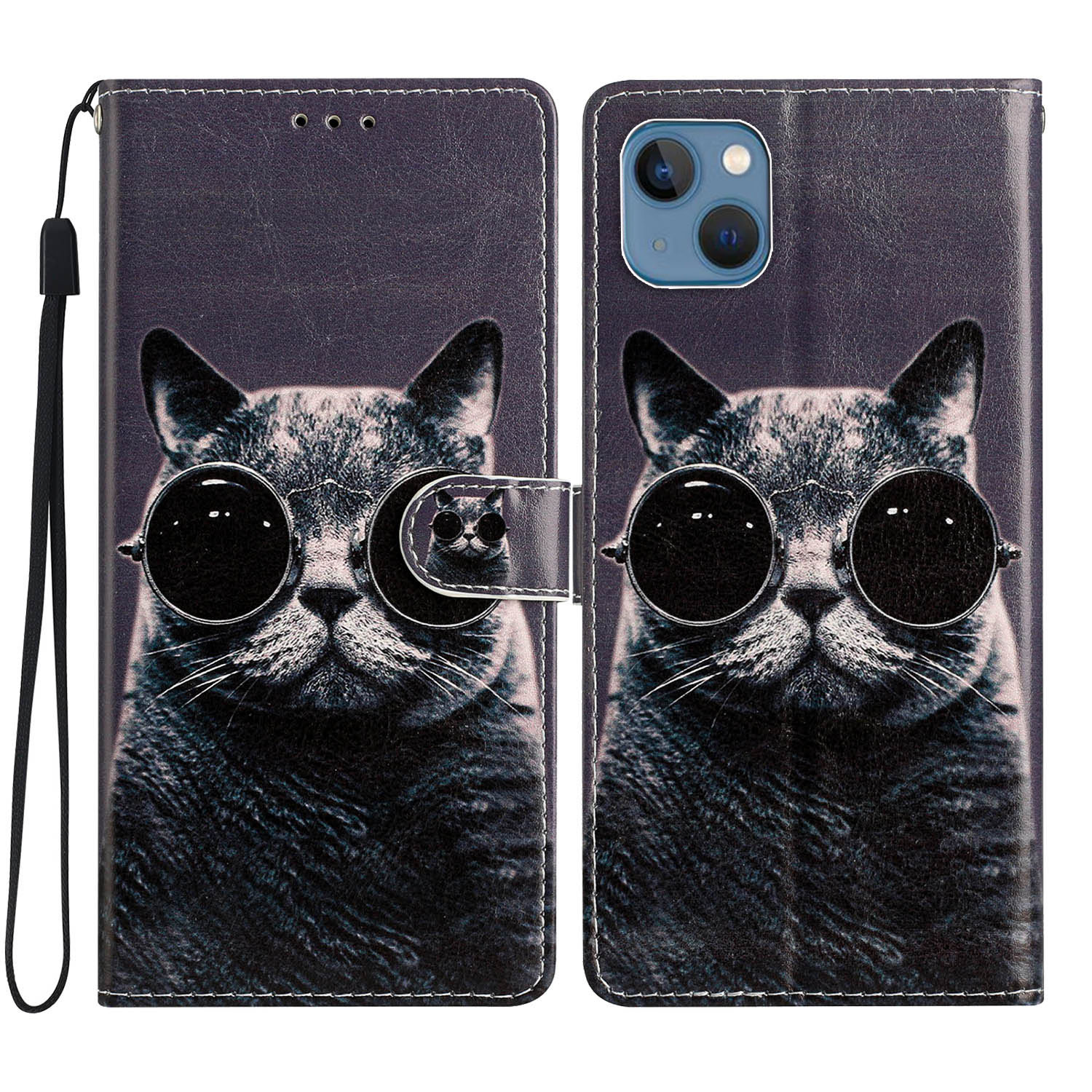 

Für Das Iphone 15 Plus Brieftasche Hülle PU Ledermuster -druckständer Telefonabdeckung Mit Riemen - Brille Katze, iPhone 15 Plus