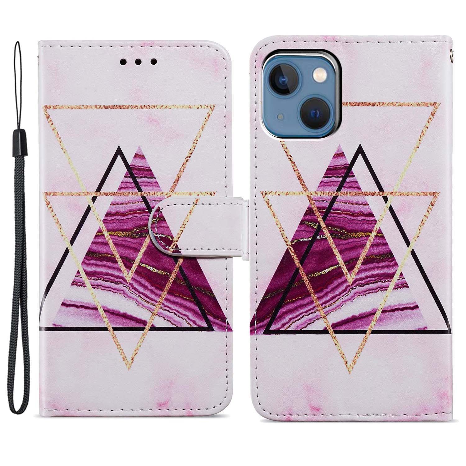 

Für Das Iphone 15 Plus Brieftasche Hülle PU Ledermuster -druckständer Telefonabdeckung Mit Riemen - Tri-color Marmor, iPhone 15 Plus