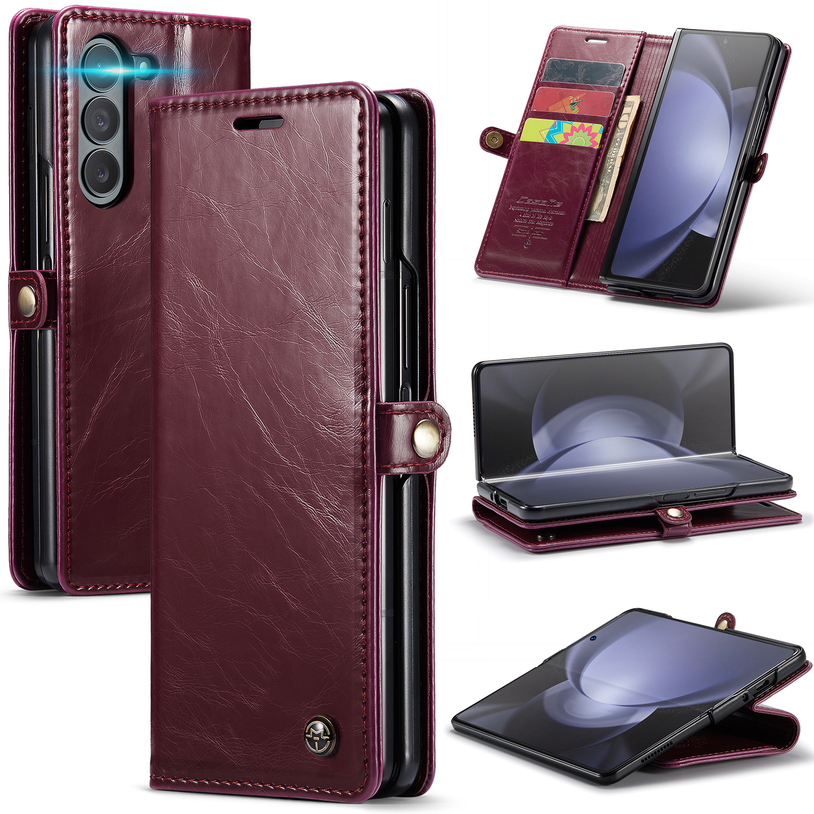 

Caseme 003 -serie Für Samsung Galaxy Z Fold5 5G Wallet Phone Hülle Waxy Crazy Horse Texture Ständer Lederabdeckung - Weinrot, Galaxy Z Fold5 5G