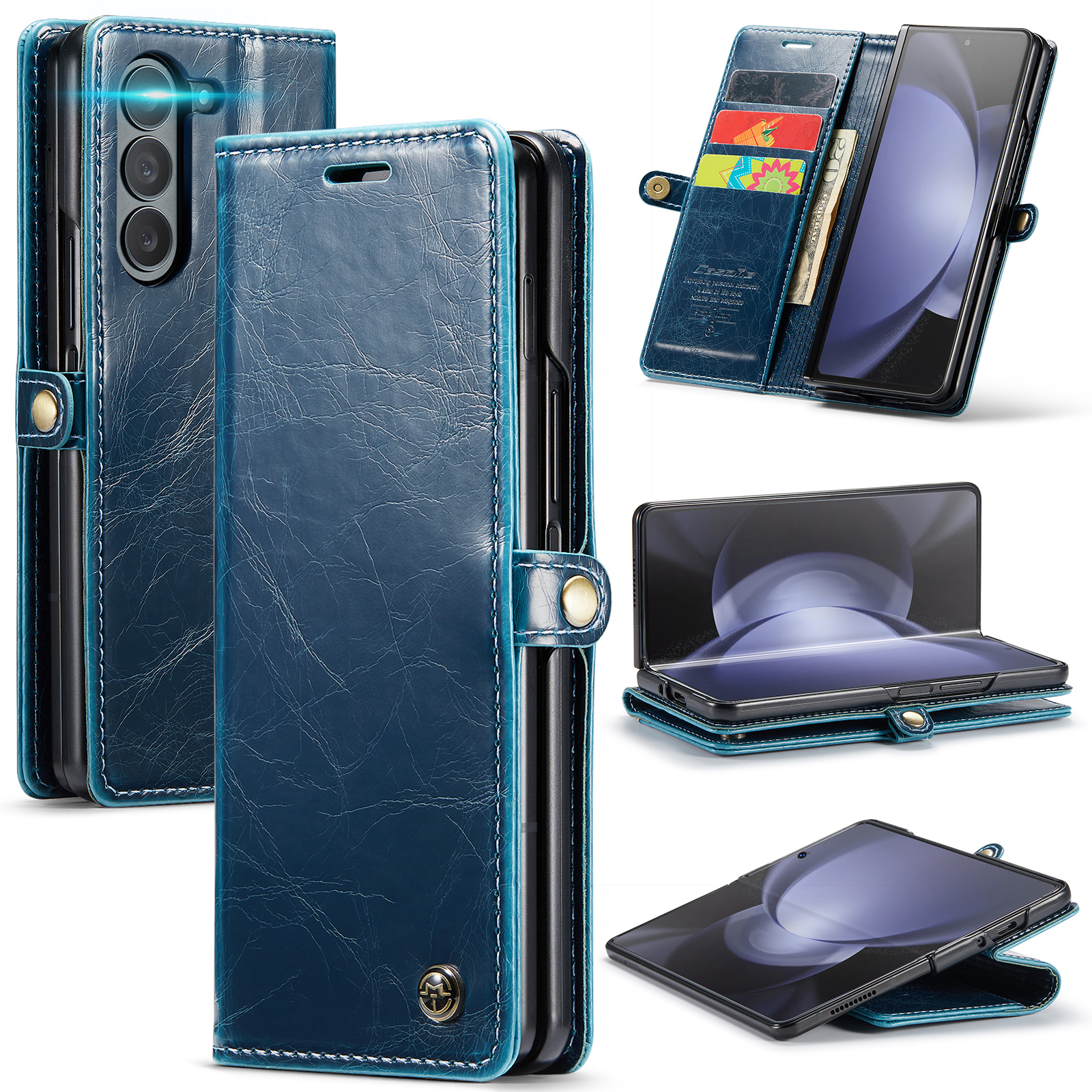

Caseme 003 -serie Für Samsung Galaxy Z Fold5 5G Wallet Phone Hülle Waxy Crazy Horse Texture Ständer Lederabdeckung - Blau, Galaxy Z Fold5 5G