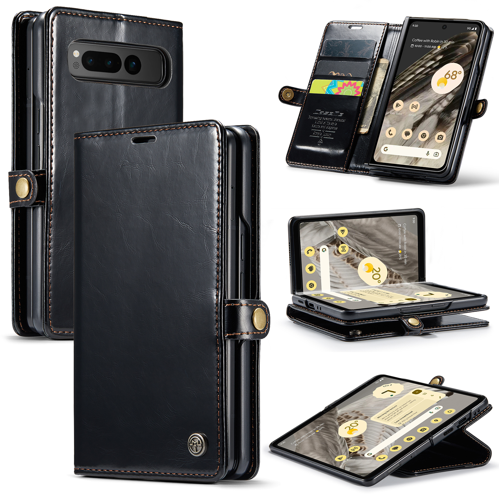 

Caseme 003 Serie Waxy Crazy Horse Textur PU -telefon Hülle Für Google Pixel Fold Wallet Telefonabdeckung Mit Stand - Schwarz, Google Pixel Fold