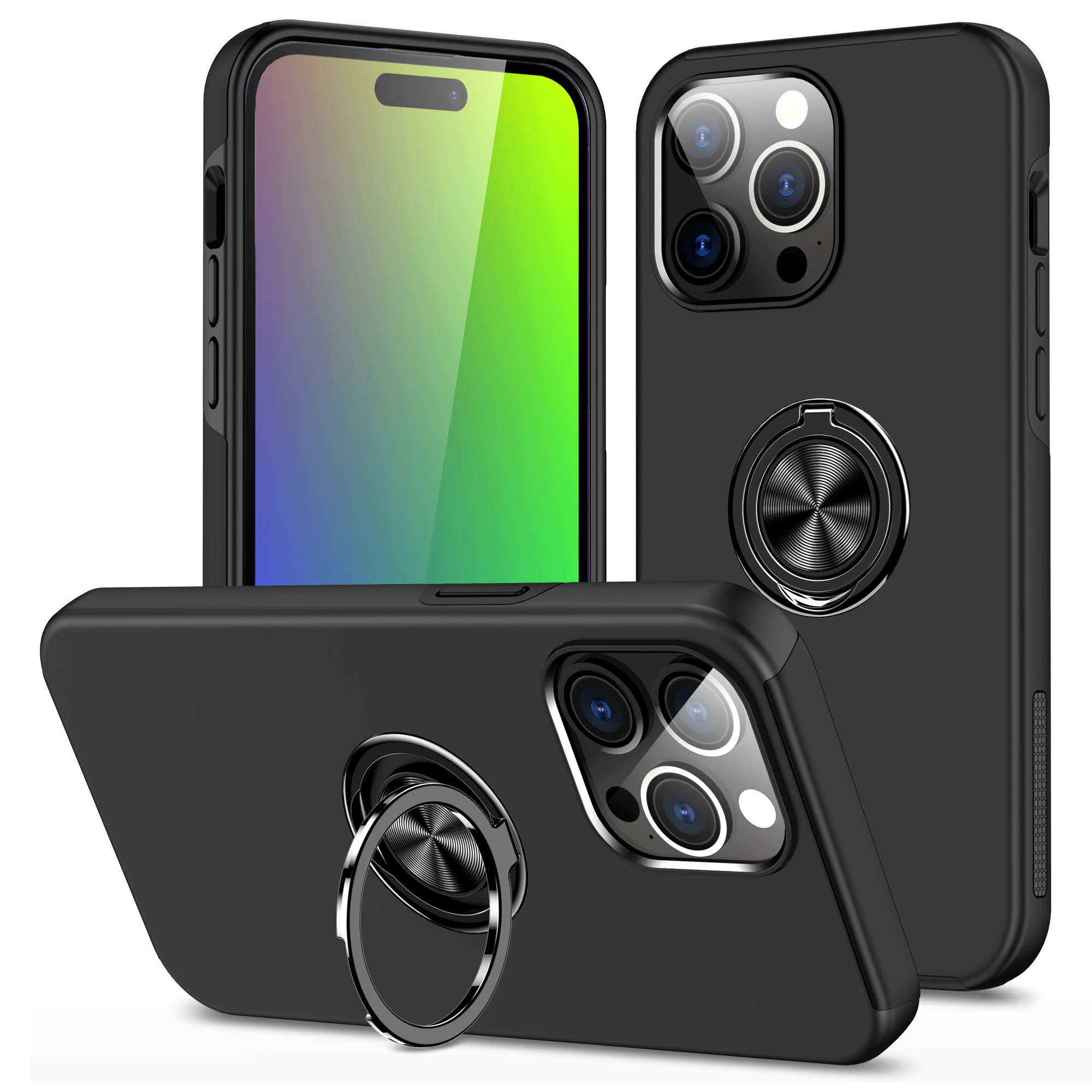 

Für Das Iphone 15 Pro Max Ringhalter Kickstand-telefonabdeckung Pc+tpu-anti-drop-back-hülle - Schwarz, iPhone 15 Pro Max