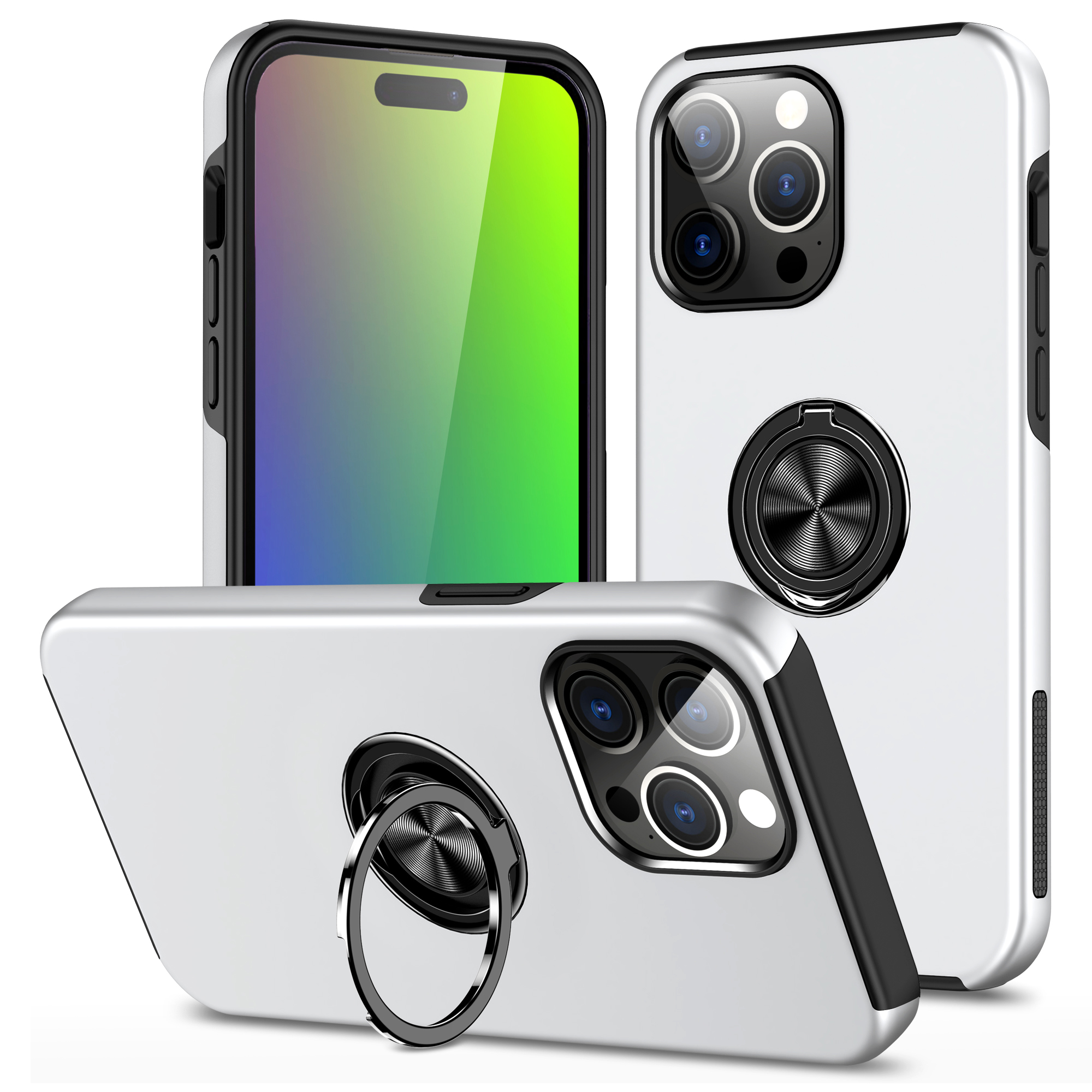

Für Das Iphone 15 Pro Max Ringhalter Kickstand-telefonabdeckung Pc+tpu-anti-drop-back-hülle - Silber, iPhone 15 Pro Max
