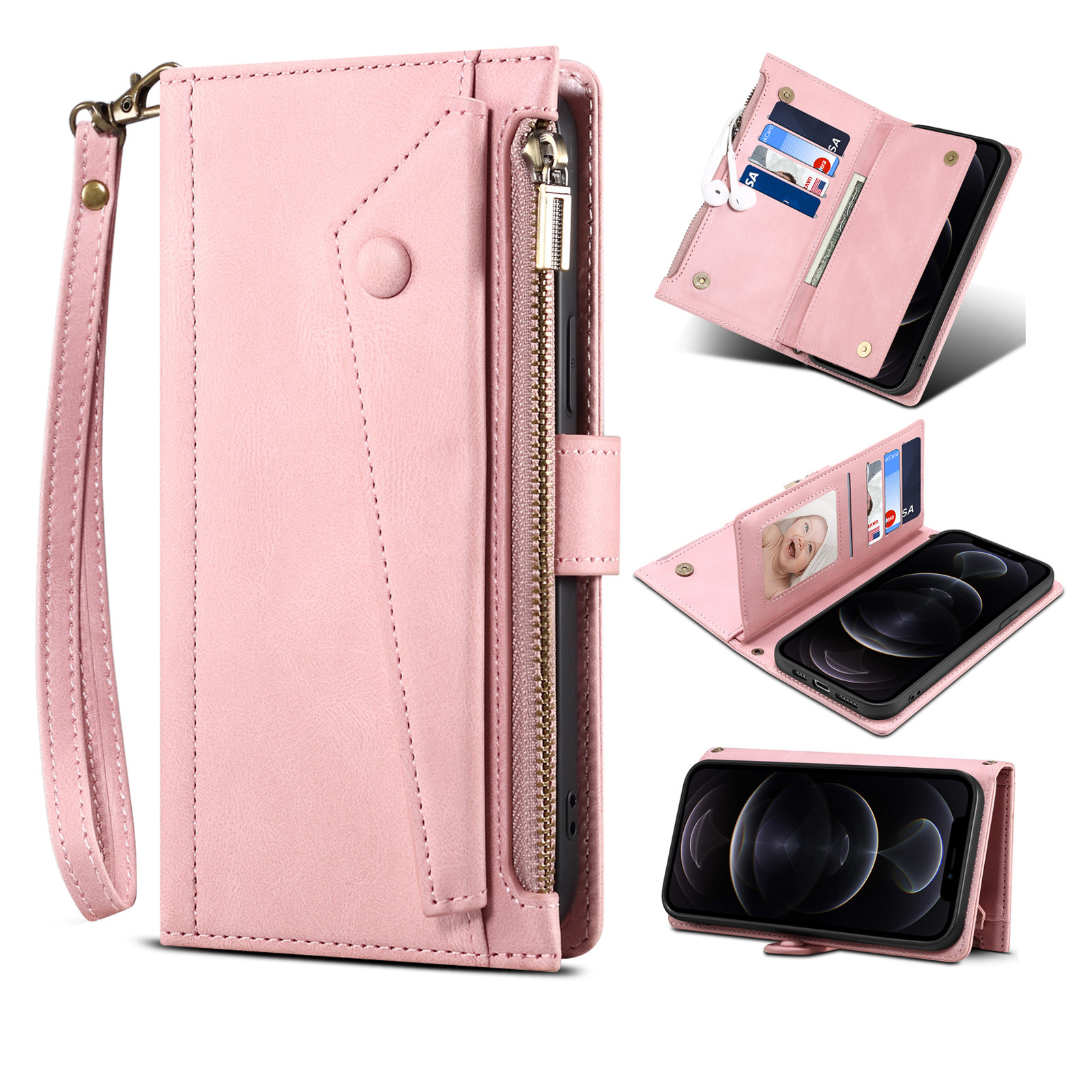 

Eseble Star -serie Für Iphone 15 Pro Wallet Leather Phone Hülle Reißverschluss Pocket RFID Blockierende Handyständer Shell - Roségold, iPhone 15 Pro