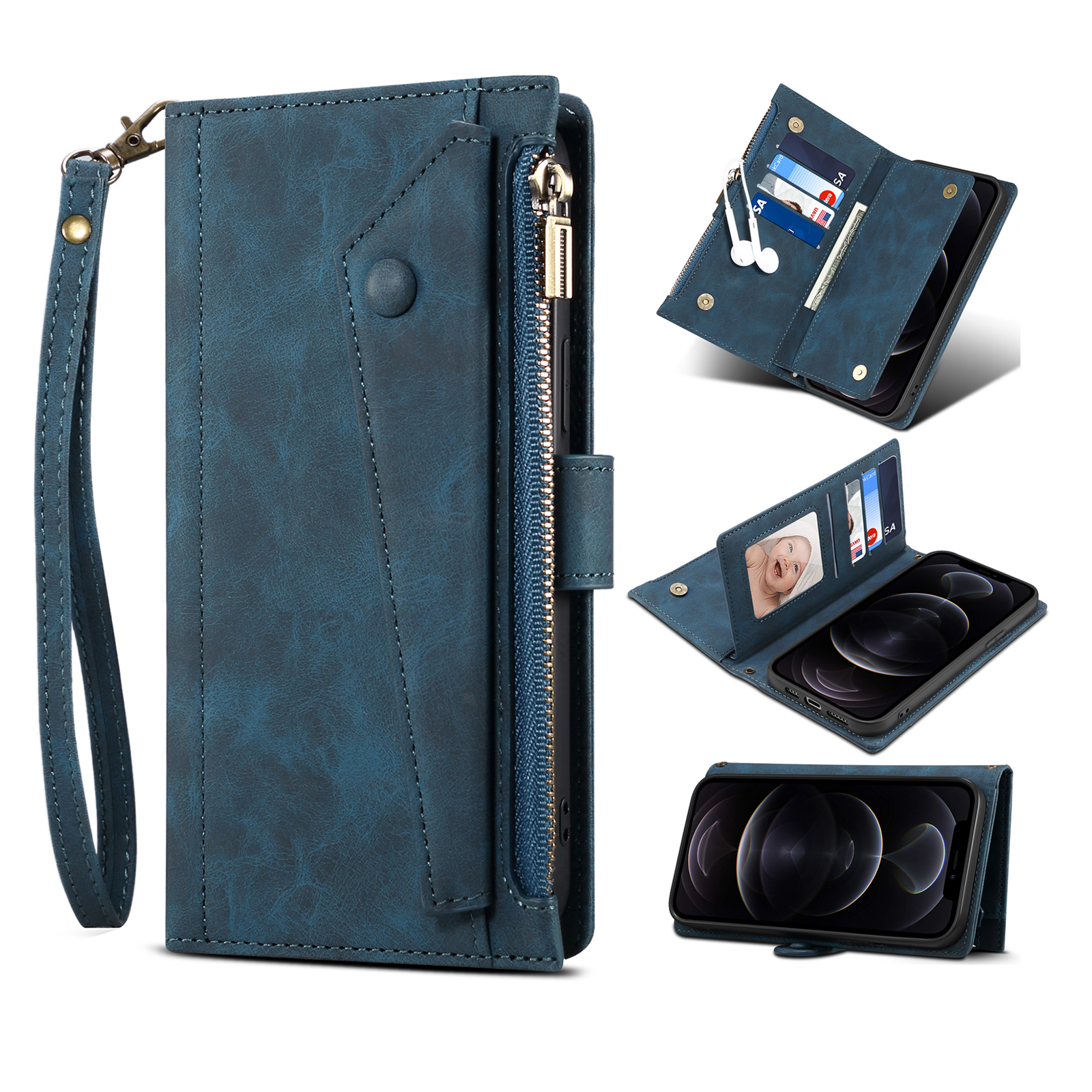 

Eseble Star -serie Für Iphone 15 Pro Wallet Leather Phone Hülle Reißverschluss Pocket RFID Blockierende Handyständer Shell - Blau, iPhone 15 Pro