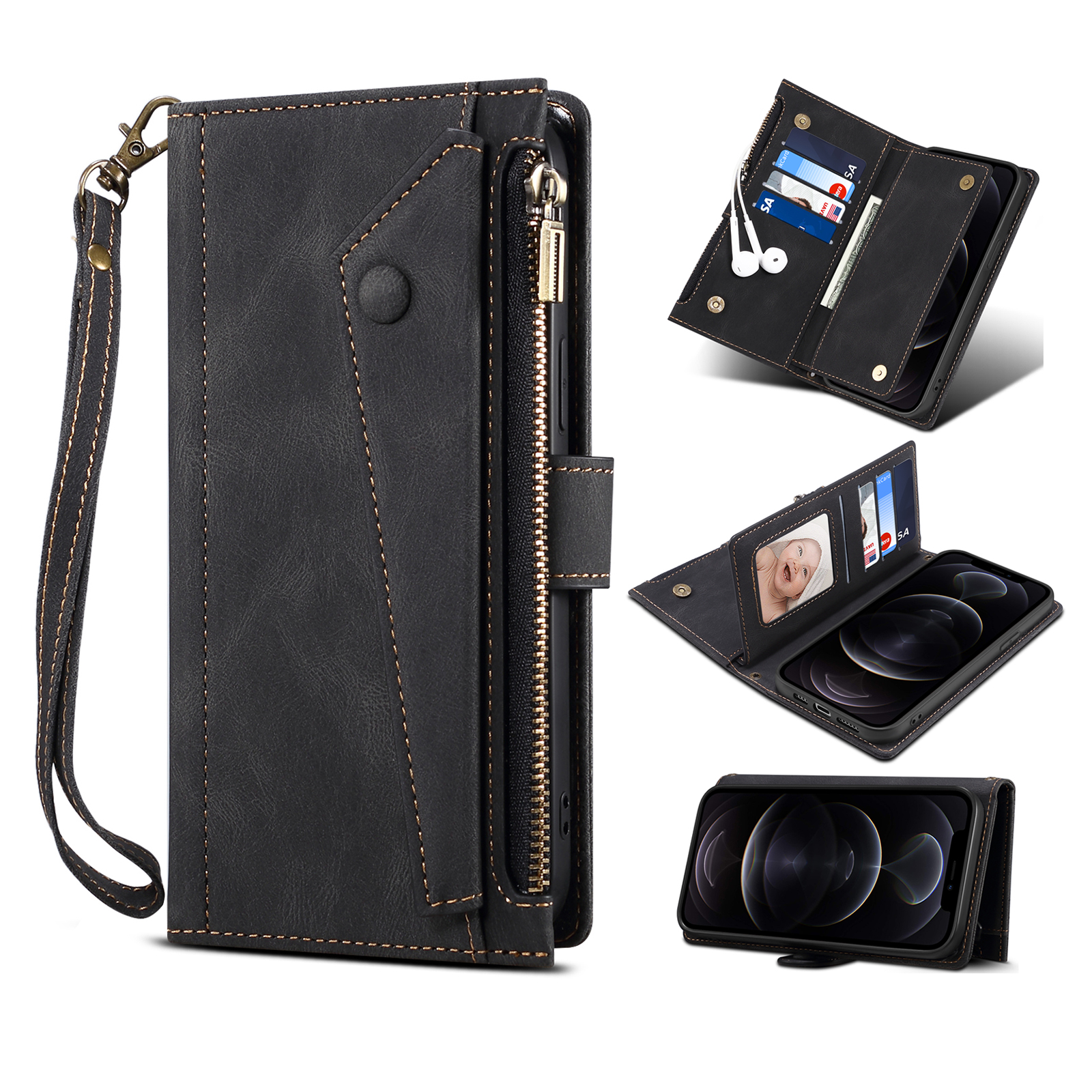 

Eseble Star Series Wallet Leder Hülle Für Iphone 15 Plus, Reißverschluss Pocket RFID Blocking Telefonständer Cover - Schwarz, iPhone 15 Plus