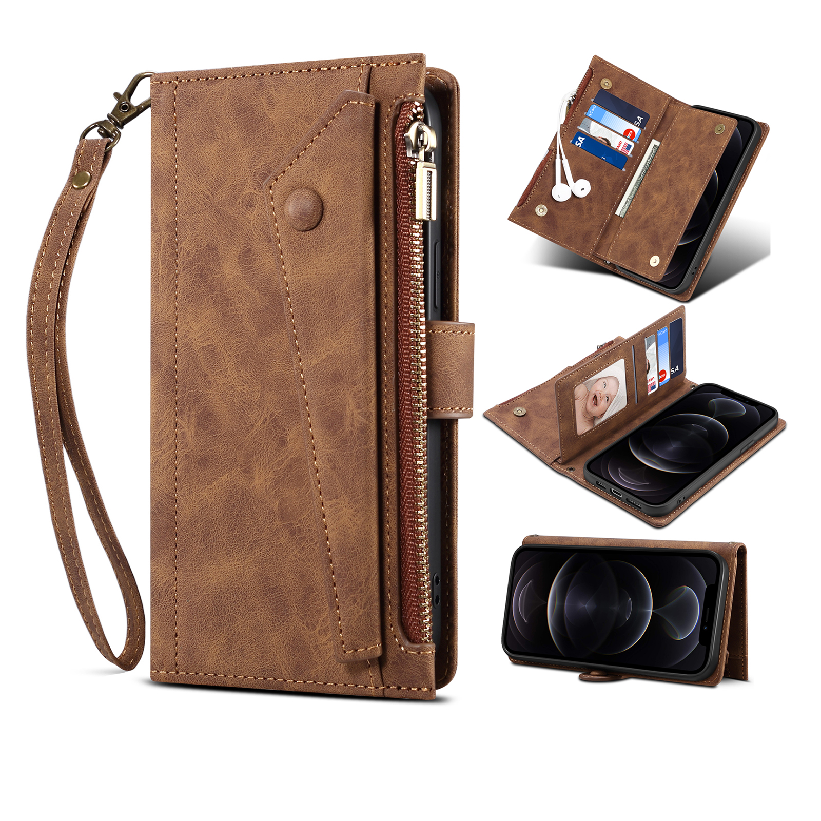 

Eseble Star Series Wallet Leder Hülle Für Iphone 15 Plus, Reißverschluss Pocket RFID Blocking Telefonständer Cover - Braun, iPhone 15 Plus