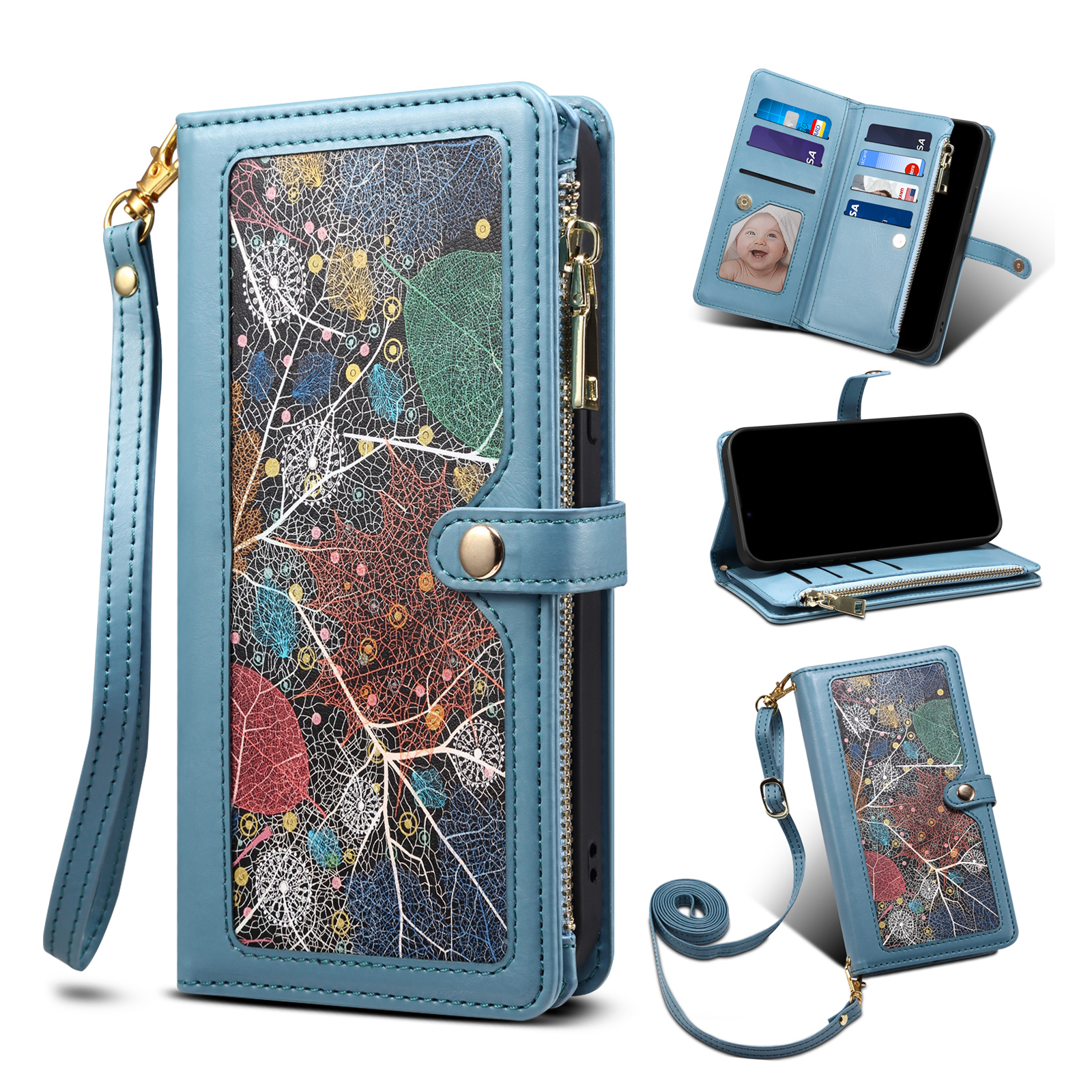 

Eseble Galaxy -serie RFID Blocking Wallet Lederabdeckung Für Iphone 15, Reißverschlusspocket Ständer Telefon Hülle - Blau, iPhone 15