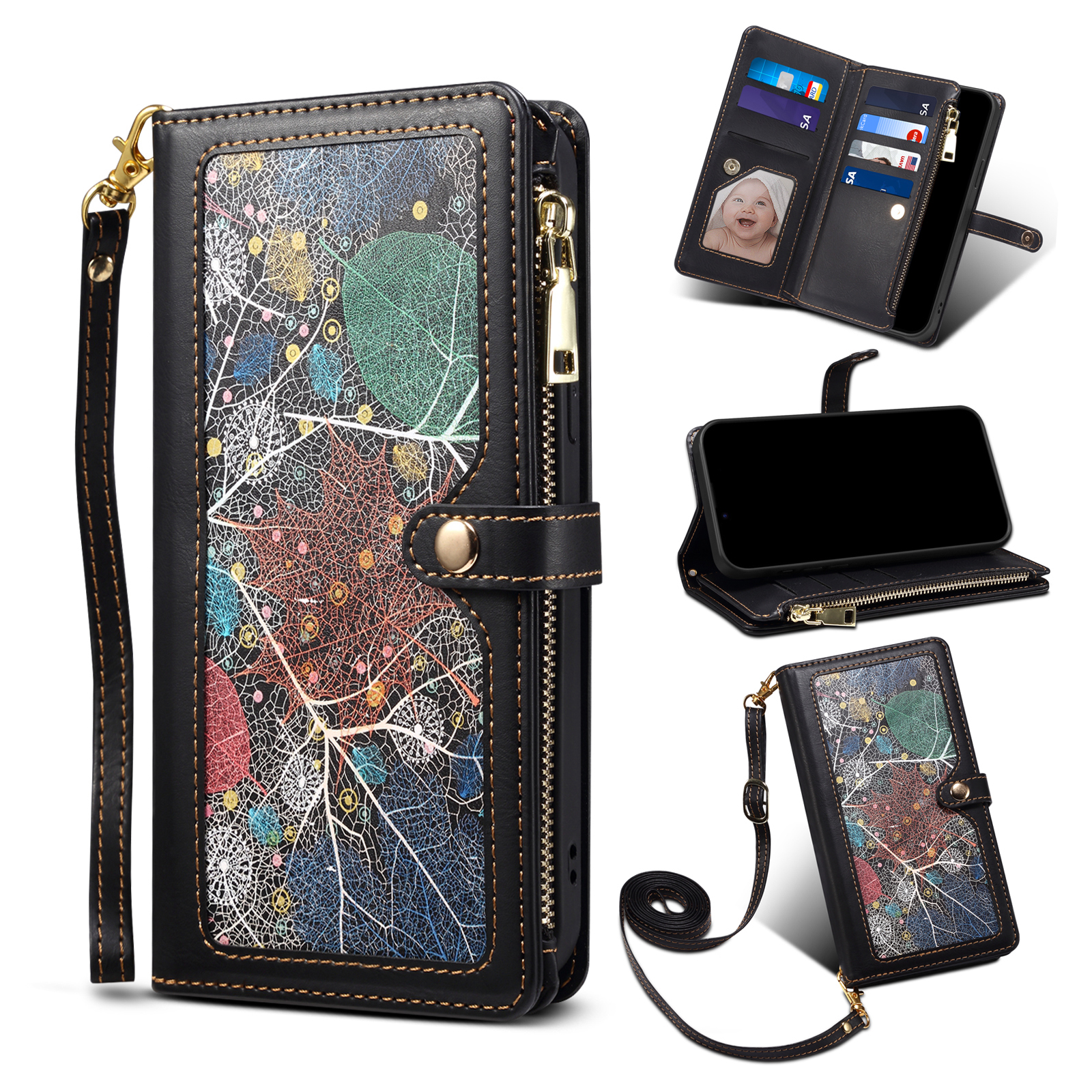 

Eseble Galaxy -serie RFID Blocking Phone Hülle Für Iphone 15 Pro Max, Reißverschluss Pocke PU Leder -ständer Brieftasche - Schwarz, iPhone 15 Pro Max