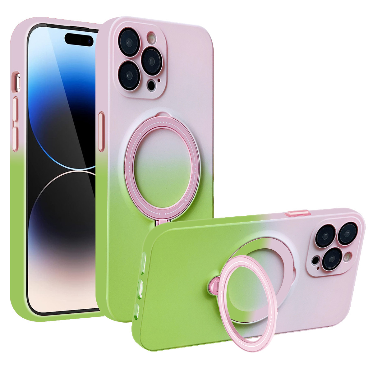 

Für Iphone 14 Pro Magnetic Gradient Case Rotierende Kickstand -tpu -telefonabdeckung Mit Linsenschutz - Pink + Grün, iPhone 14 Pro