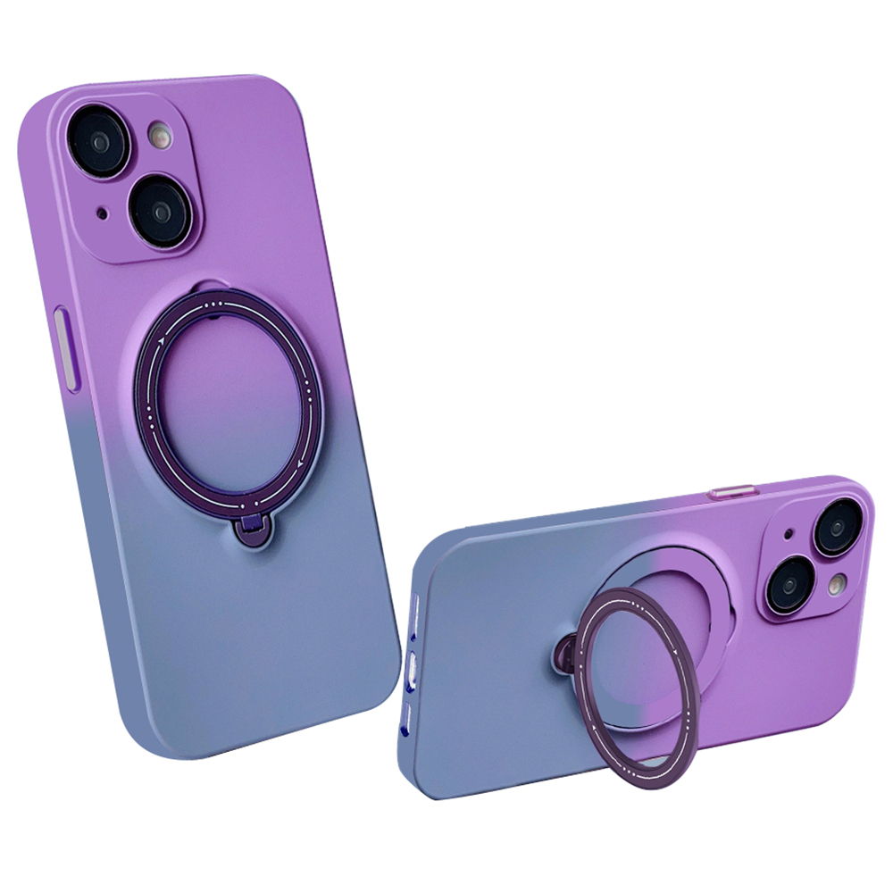 

Für Das Iphone 14 Magnetic Phone Case Soft TPU Drehende Kickstand -gradientenabdeckung Mit Linsenschutz - Dunkelviolett + Grau, iPhone 14