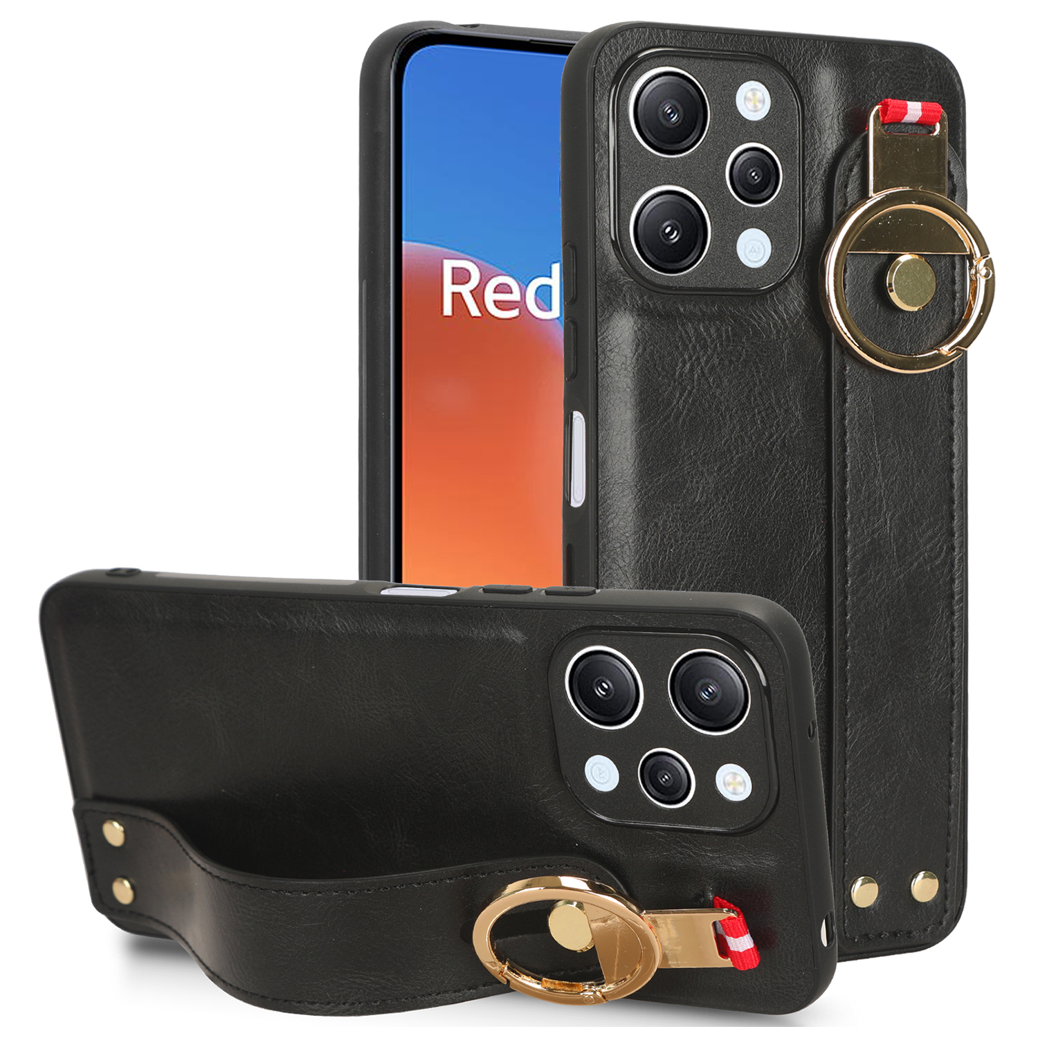 

Für Xiaomi Redmi 12 4G Phone Case Armband Kickstand Lederbeschichteter PC+TPU -abdeckung Mit Flaschenöffnung - Schwarz, Xiaomi Redmi 12 4G